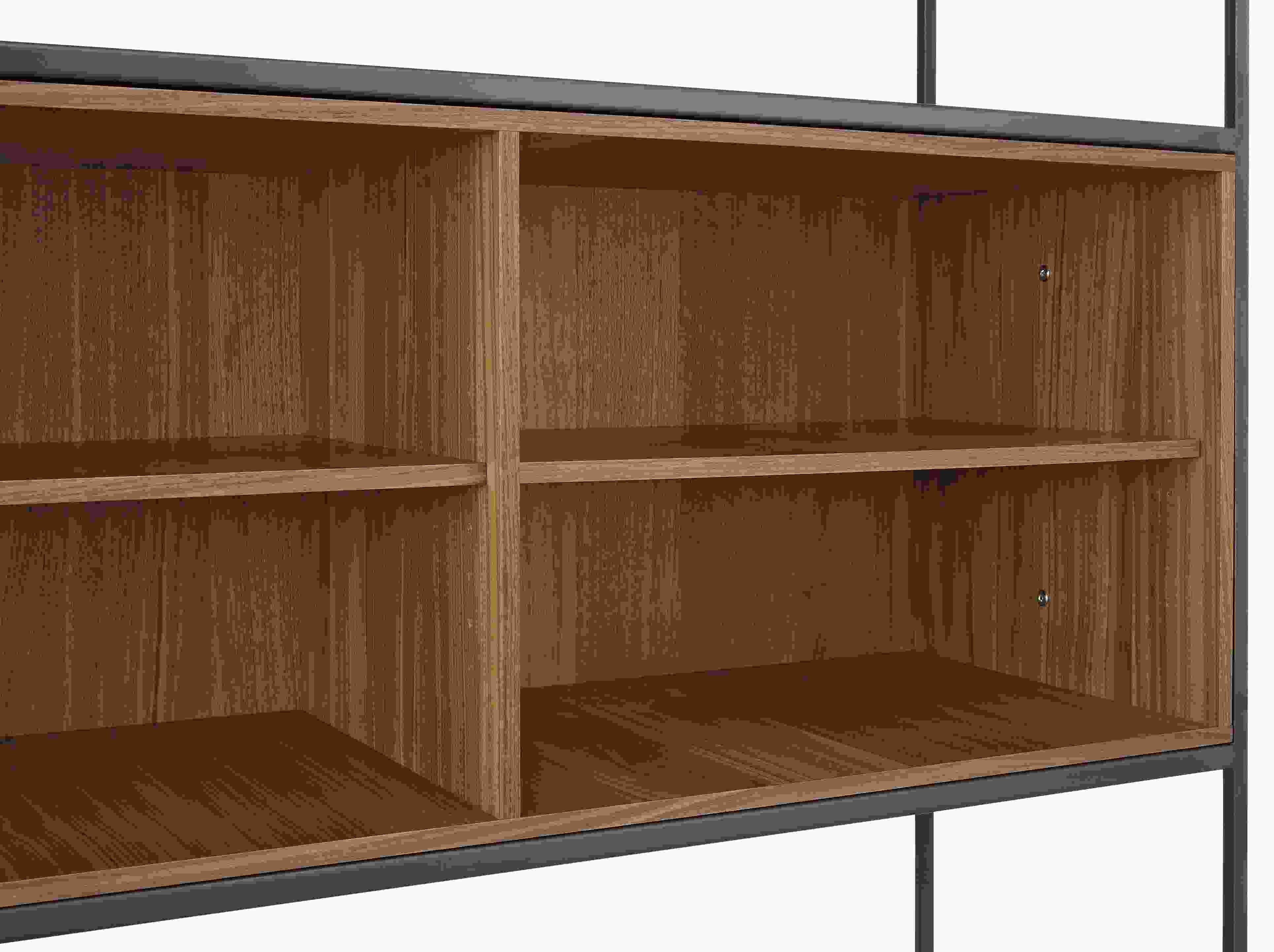 Detail of Slim 42-wide Two-Door/Open Insert Bookcase in walnut.
