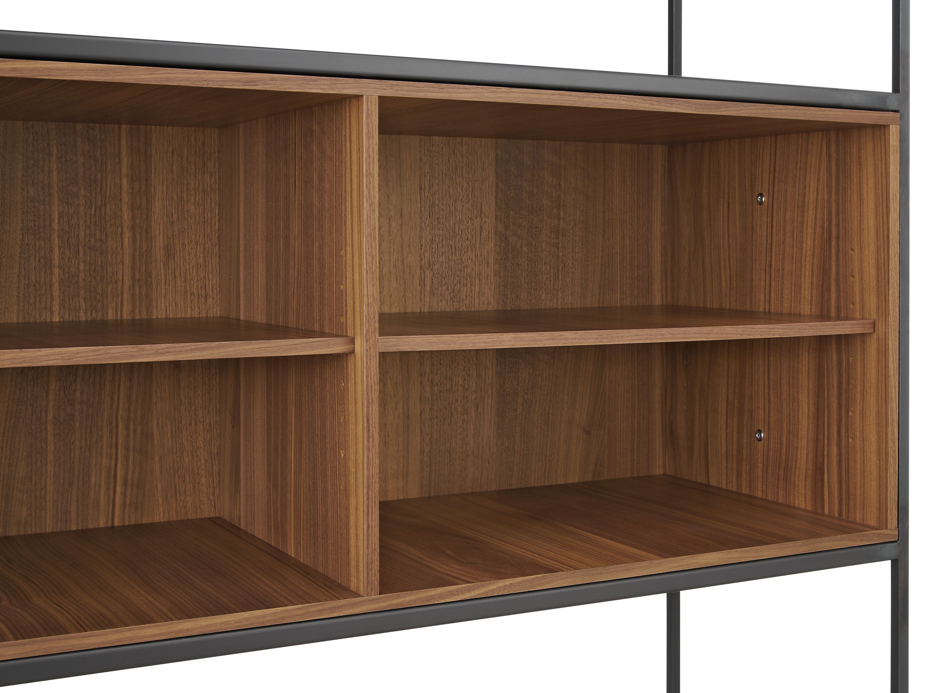 Detail of Slim 42-wide Two-Door/Open Insert Bookcase in walnut.