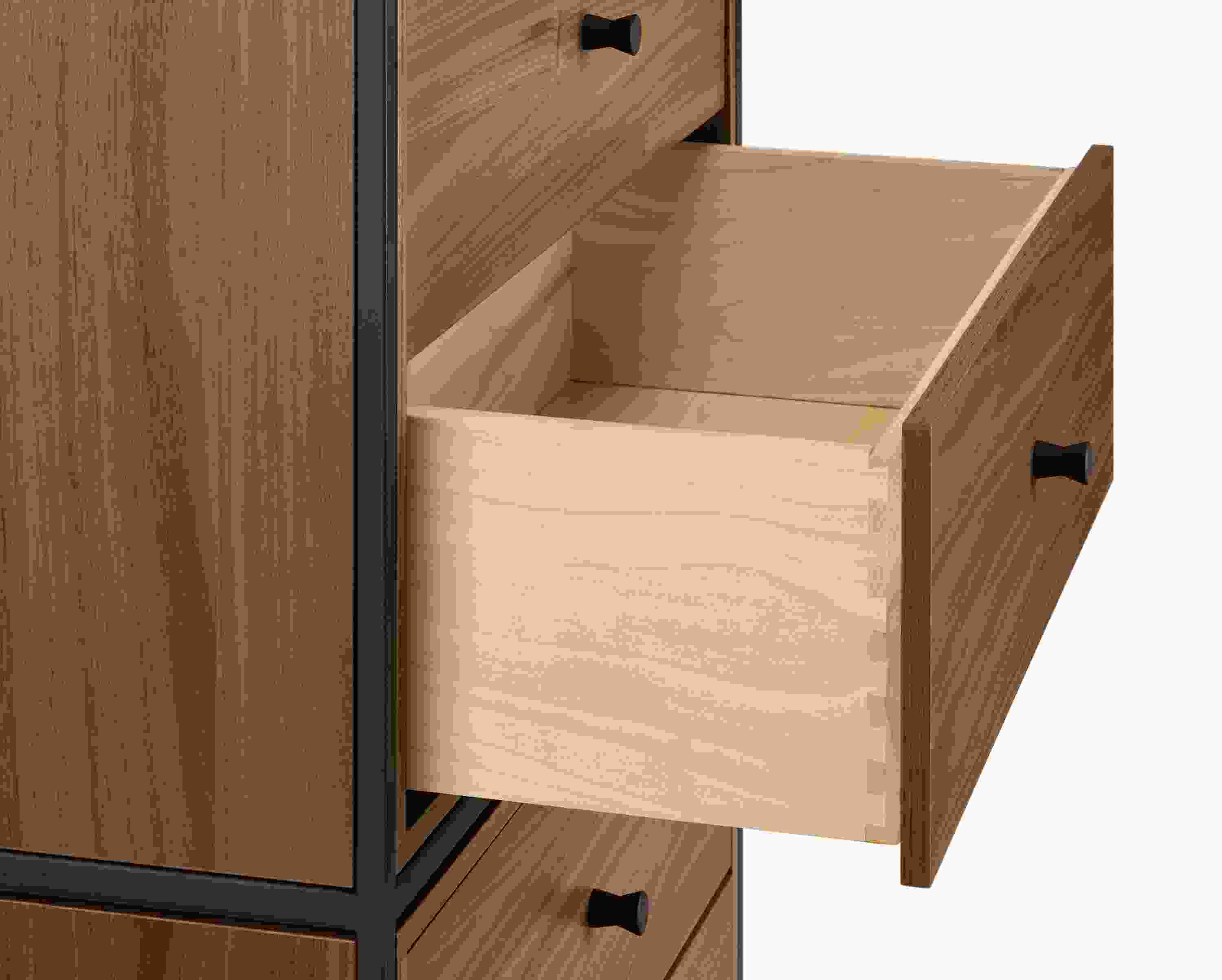 Detail of open drawer on a Slim 4-drawer insert bookcase in natural steel in walnut.