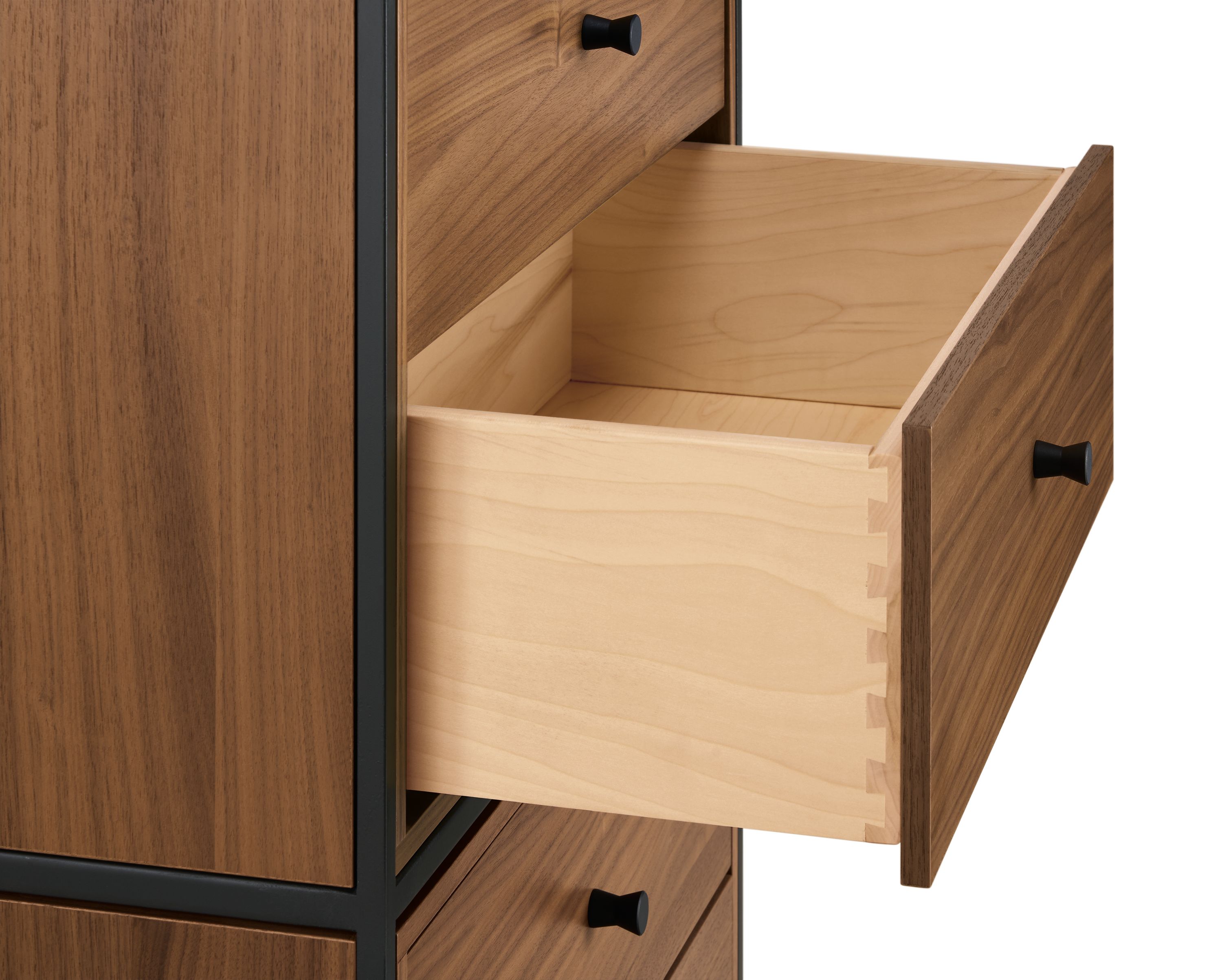 Detail of open drawer on a Slim 4-drawer insert bookcase in natural steel in walnut.