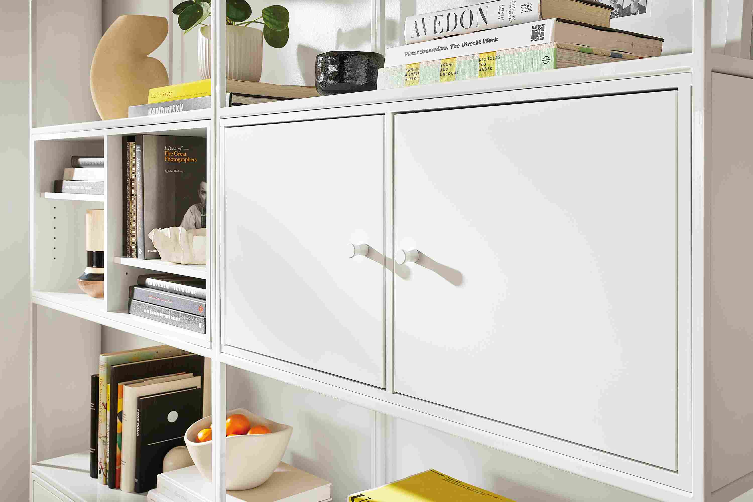 Detail of Slim 68-wide Four-Insert Wall Unit in white with white inserts.