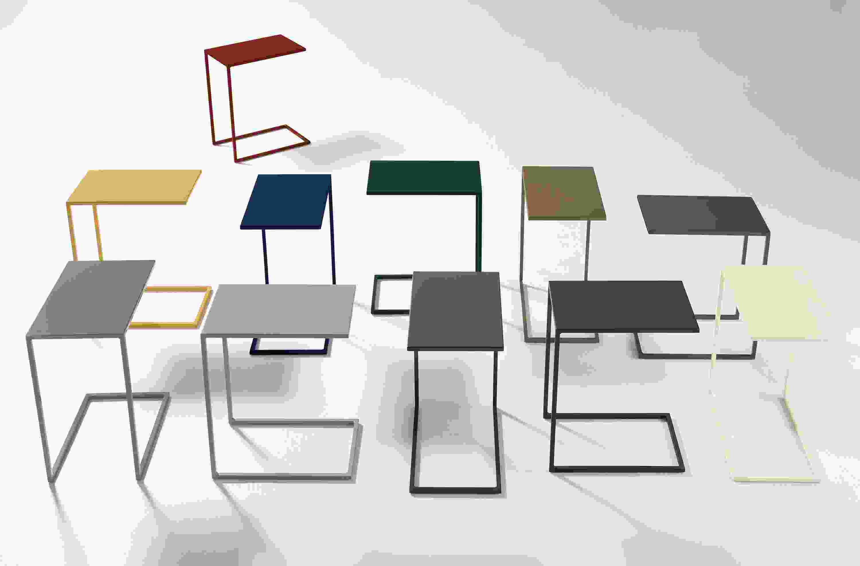 Slim 13-wide C-shaped tables in a group showing various color options.