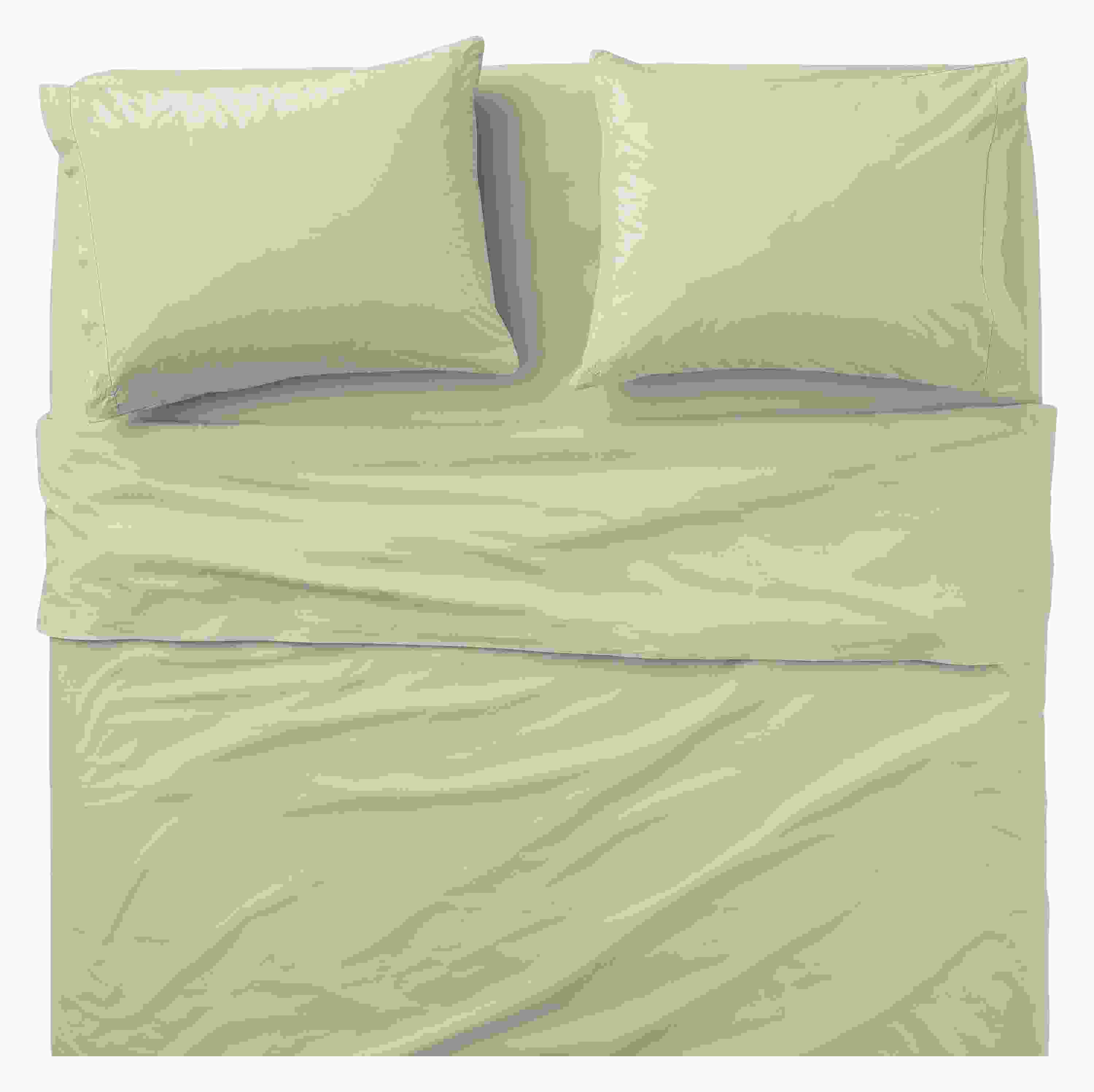 Overhead view of a Core queen bed with a soft-washed percale queen sheet set in stone.