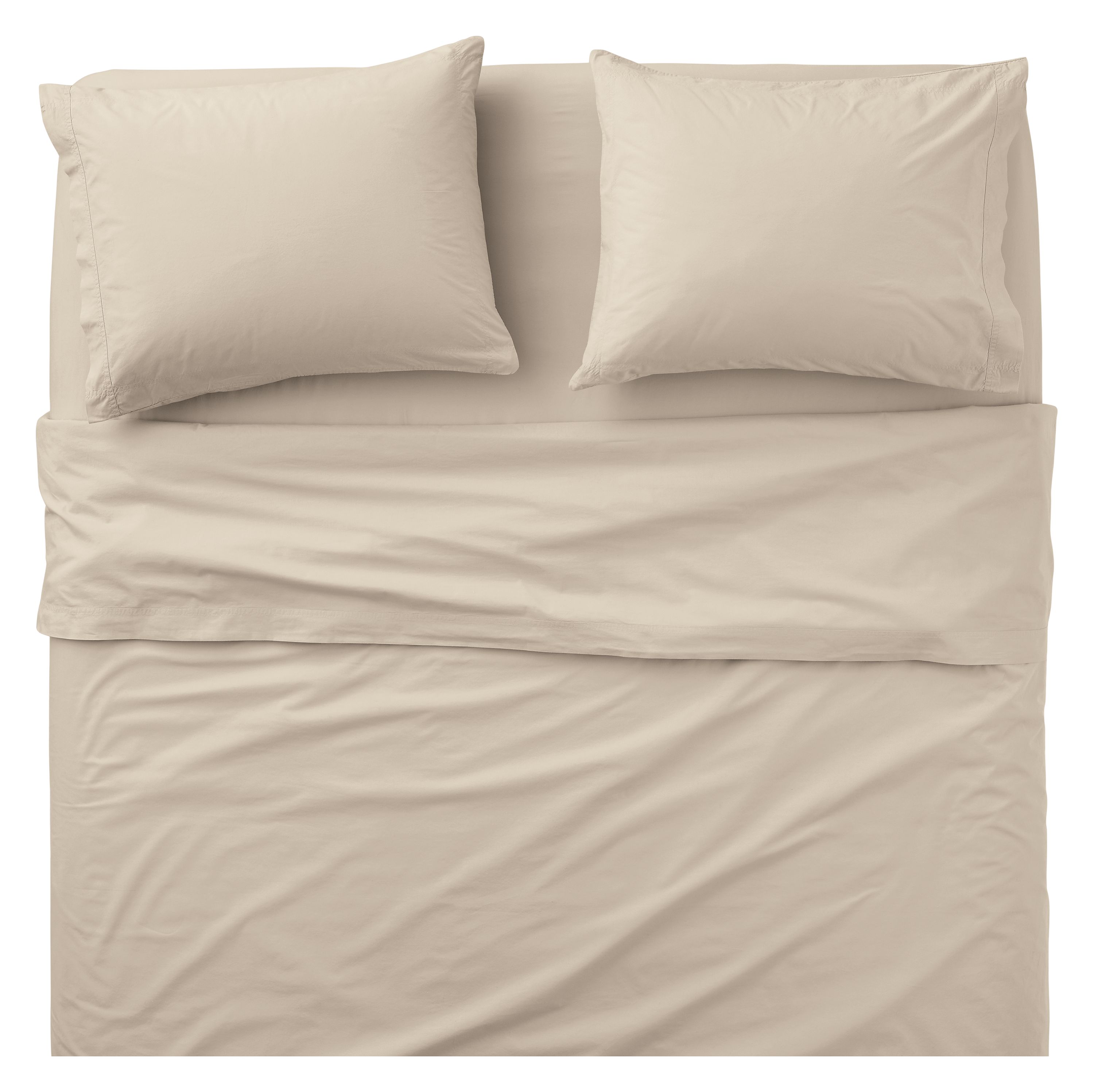 Overhead view of a Core queen bed with a soft-washed percale queen sheet set in stone.