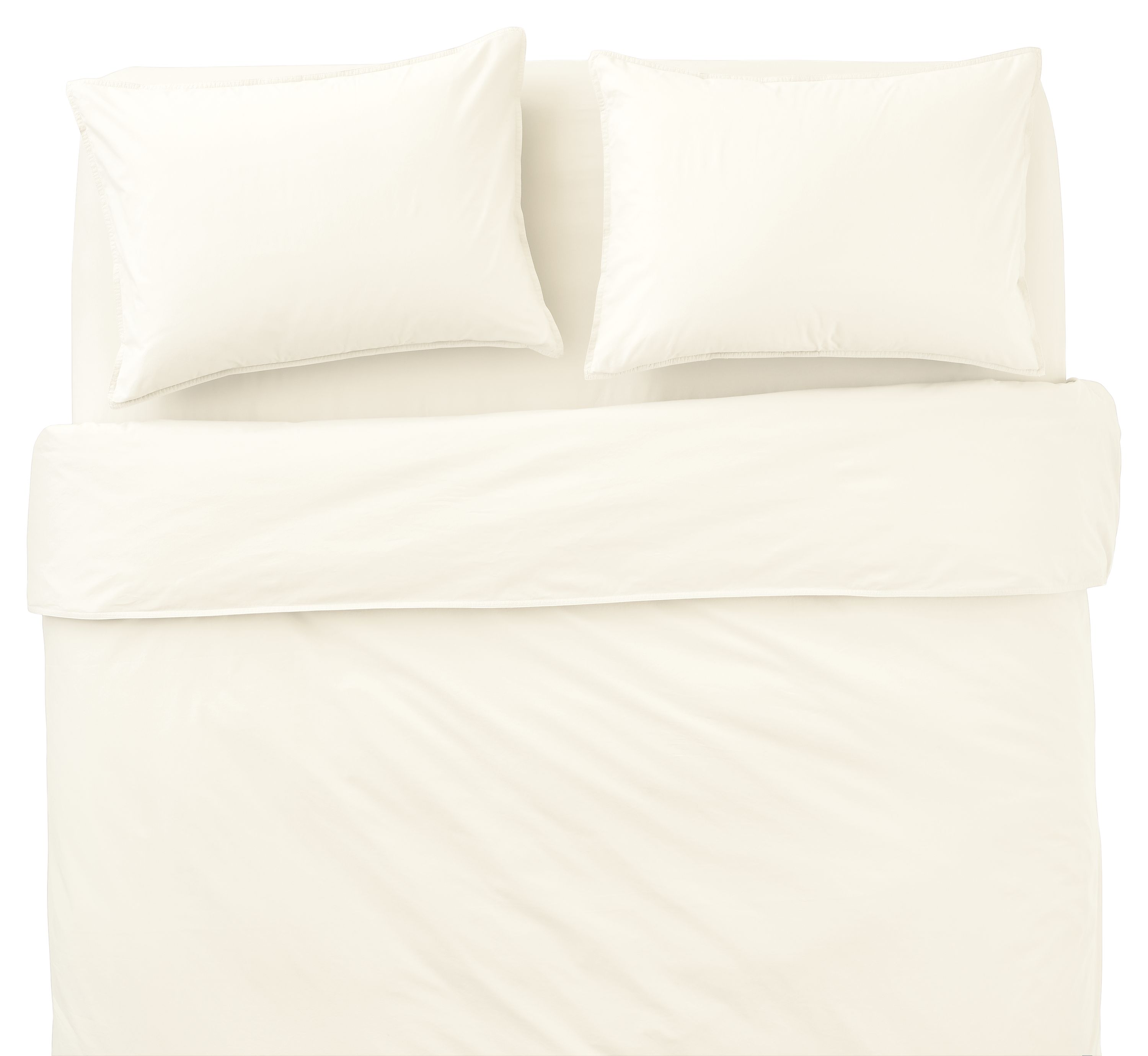 Overhead view of soft-washed percale full/queen duvet set and sheet set in bone on a Core queen bed.