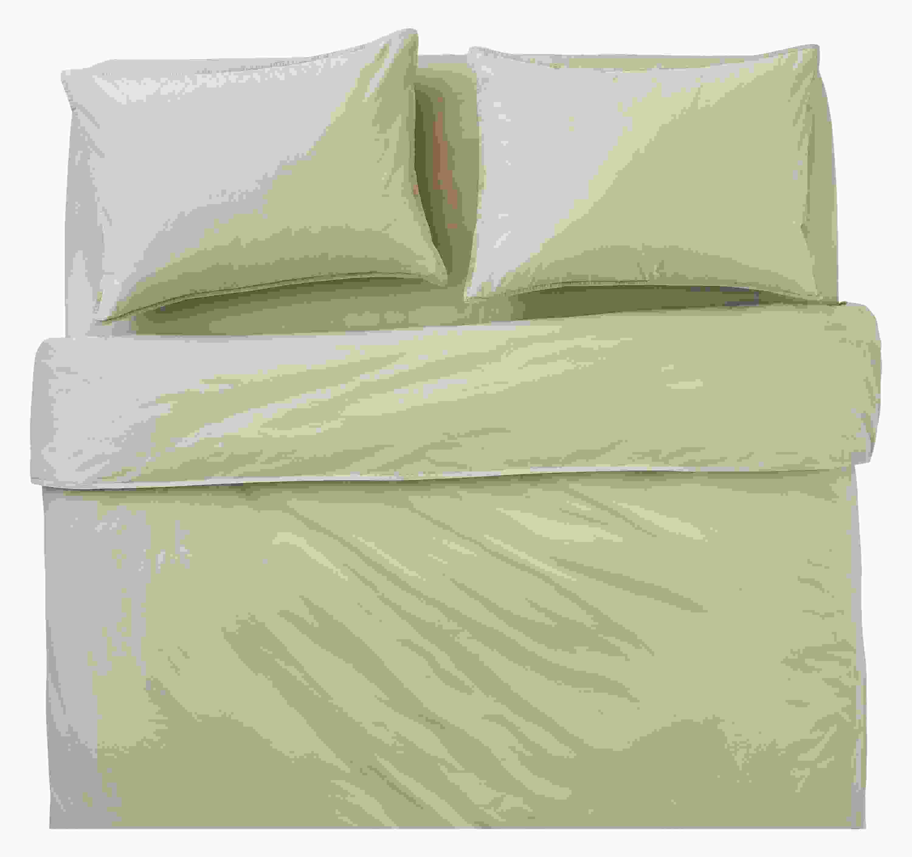 Overhead view of Core queen bed with soft washed percale duvet set and queen sheet set in stone.