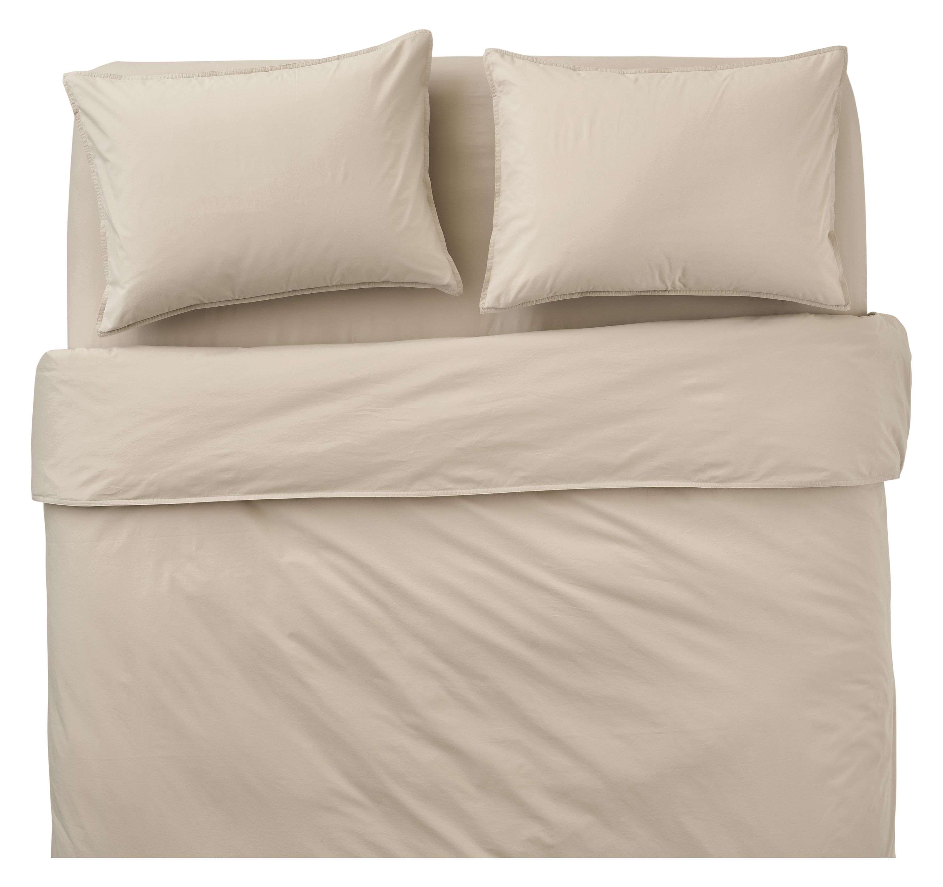 Overhead view of Core queen bed with soft washed percale duvet set and queen sheet set in stone.