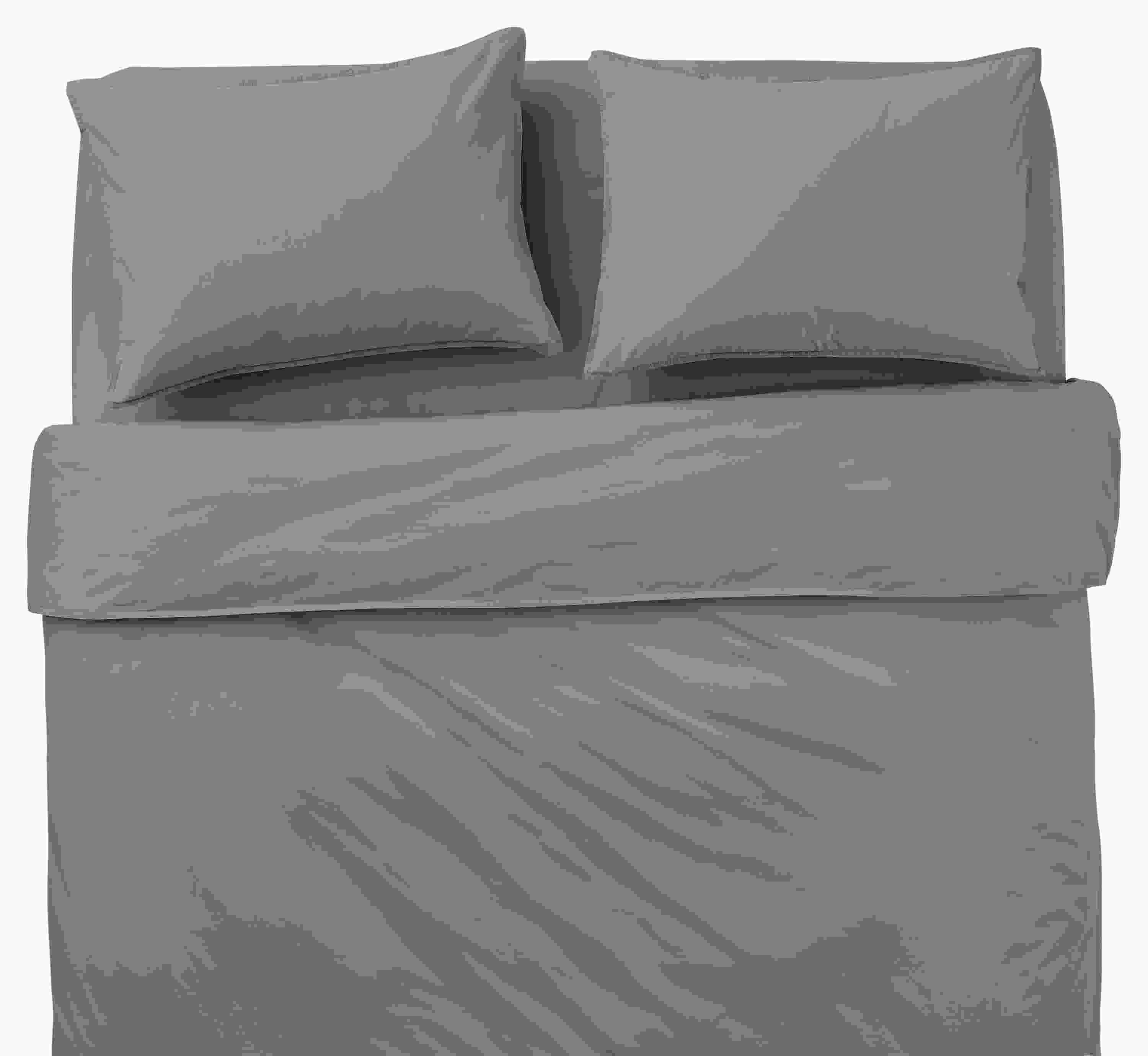 Overhead view of soft-washed percale full/queen duvet set and sheet set in moss on a Core queen bed.