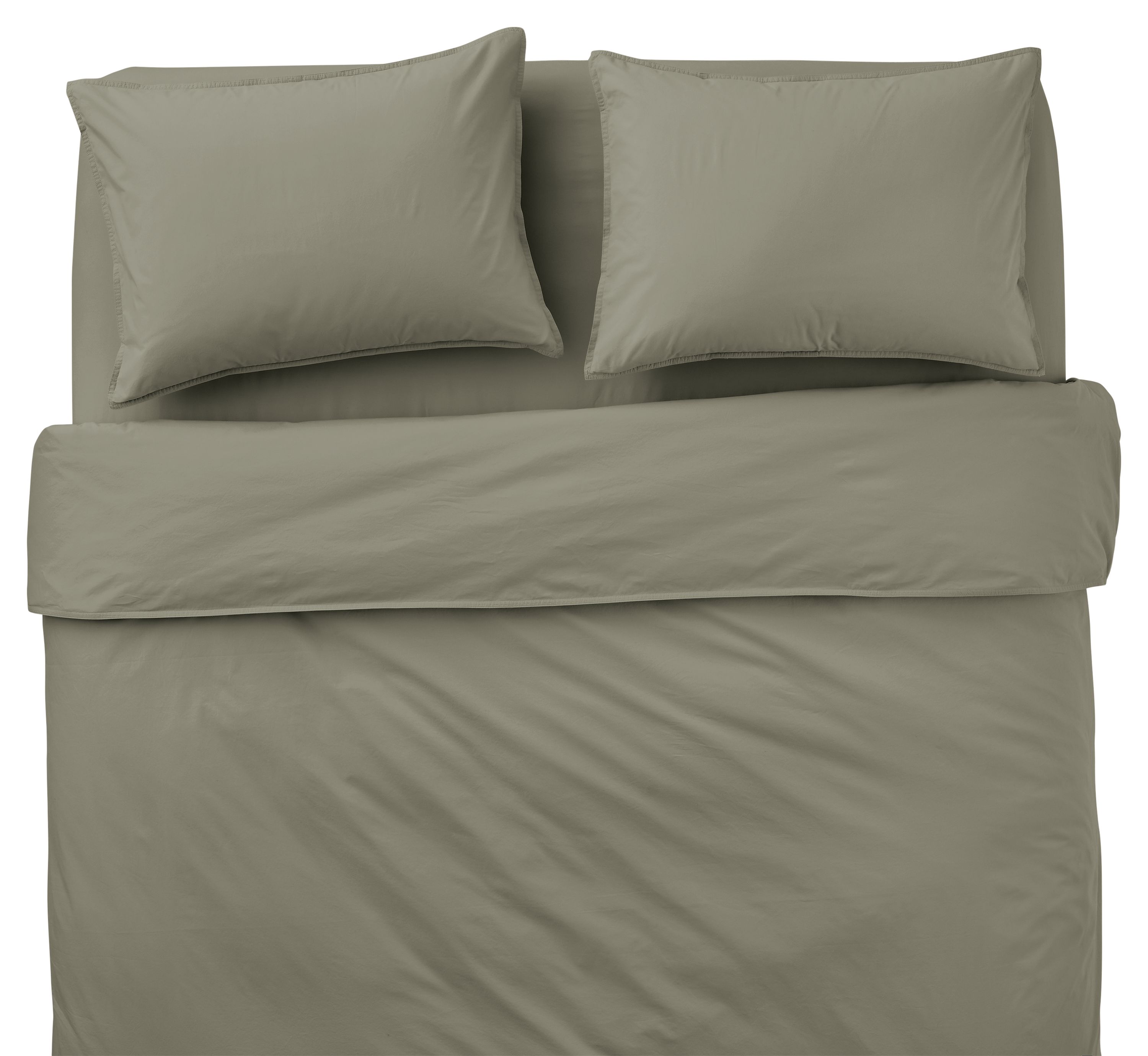 Overhead view of soft-washed percale full/queen duvet set and sheet set in moss on a Core queen bed.