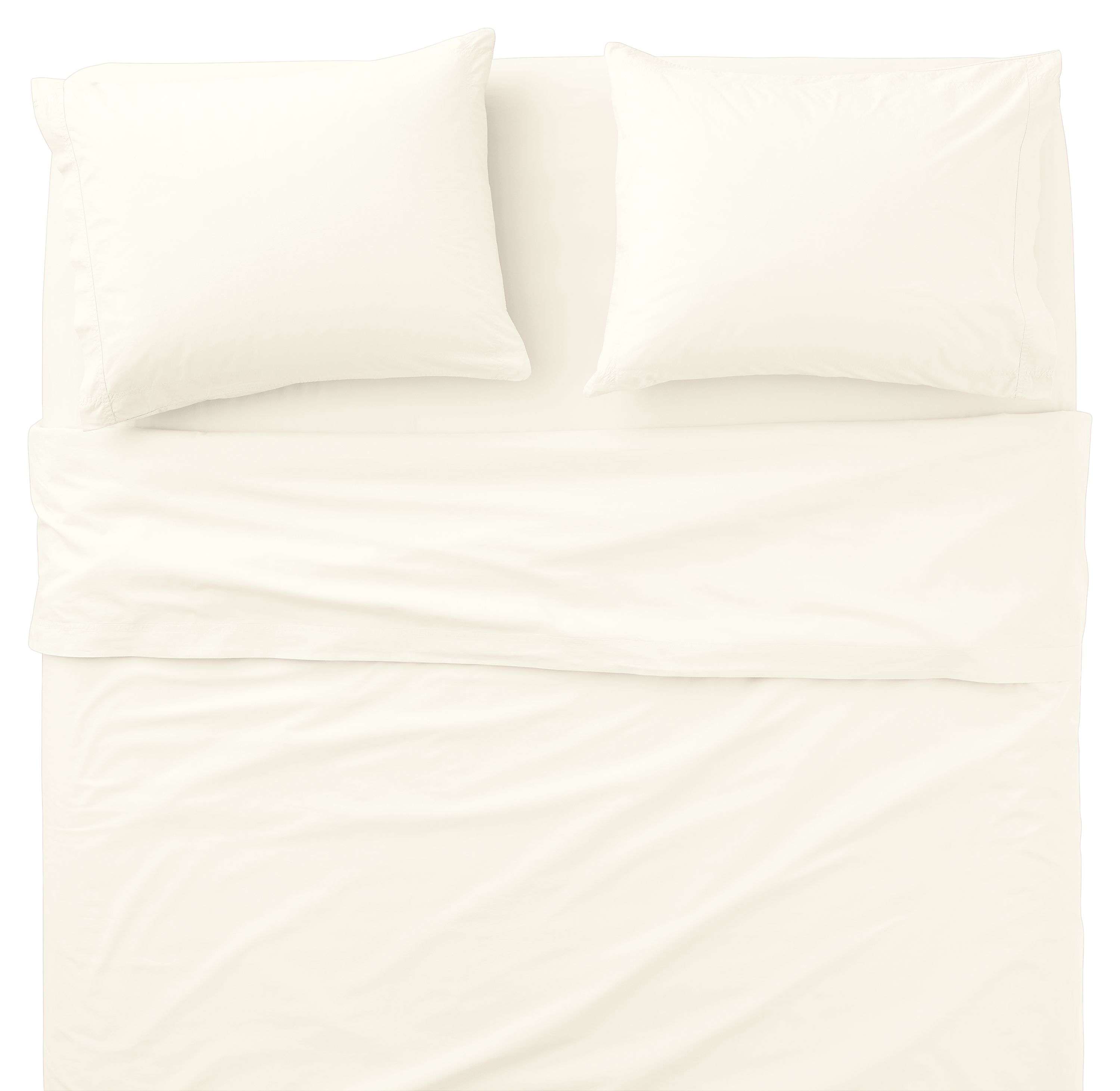 Overhead view of soft-washed percale queen set in bone on a Core  Queen bed.