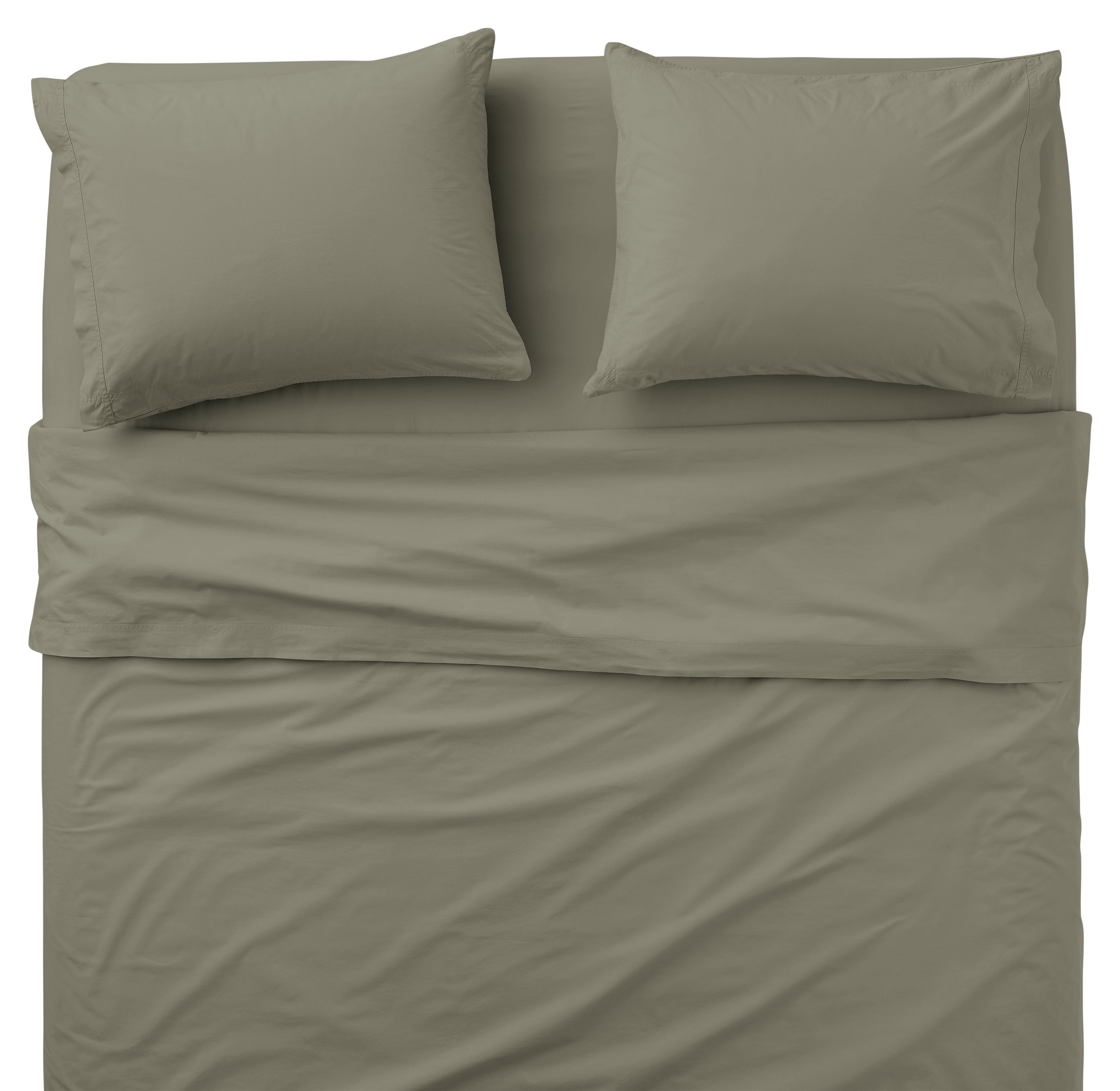 Overhead view of soft-washed Percale Queen sheet set in Moss on a Core queen bed.