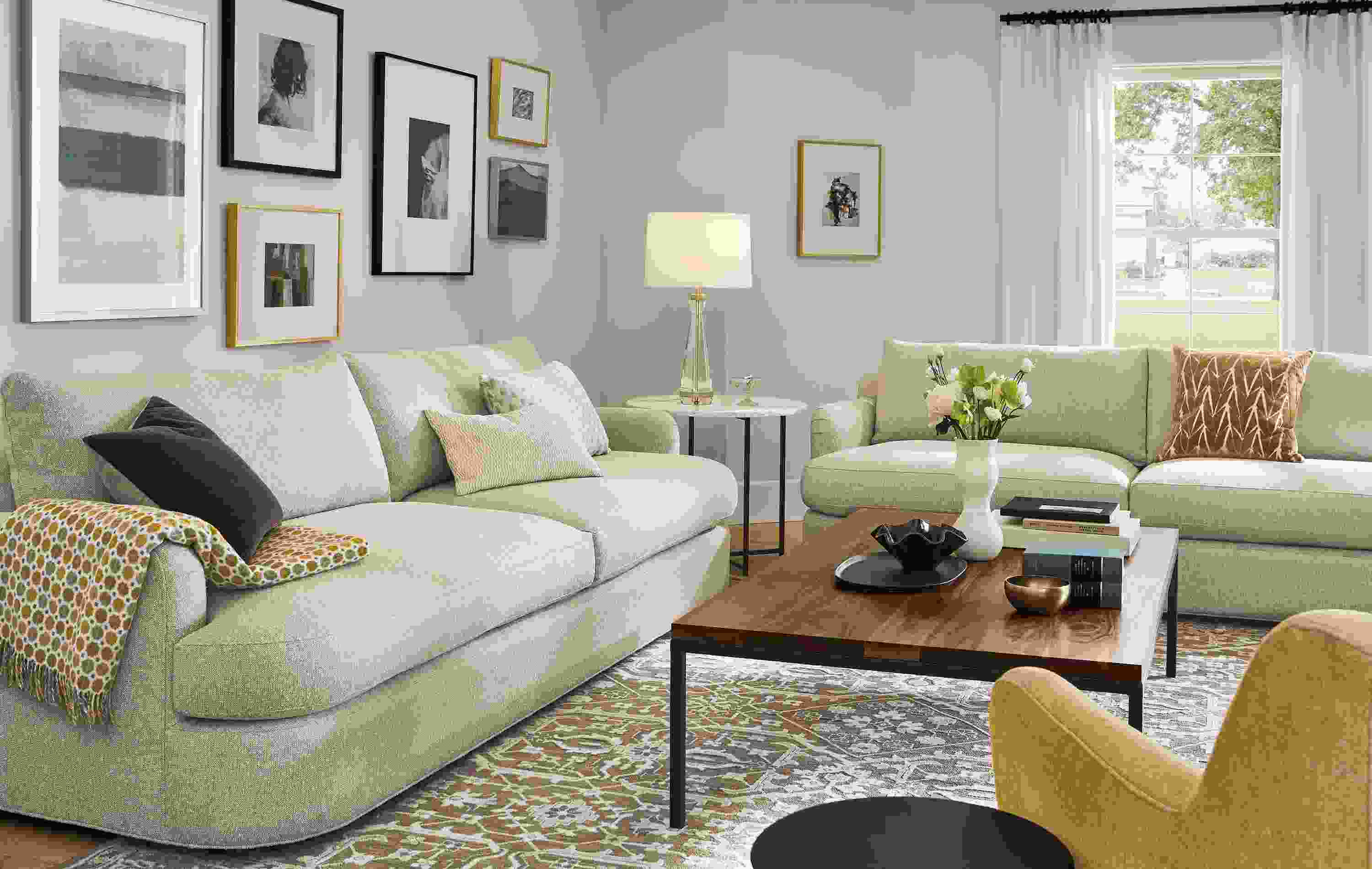 Living room with two Sonja sofas, Lily chair, Parsons coffee table, Vanya rug, Gatsby table lamp.