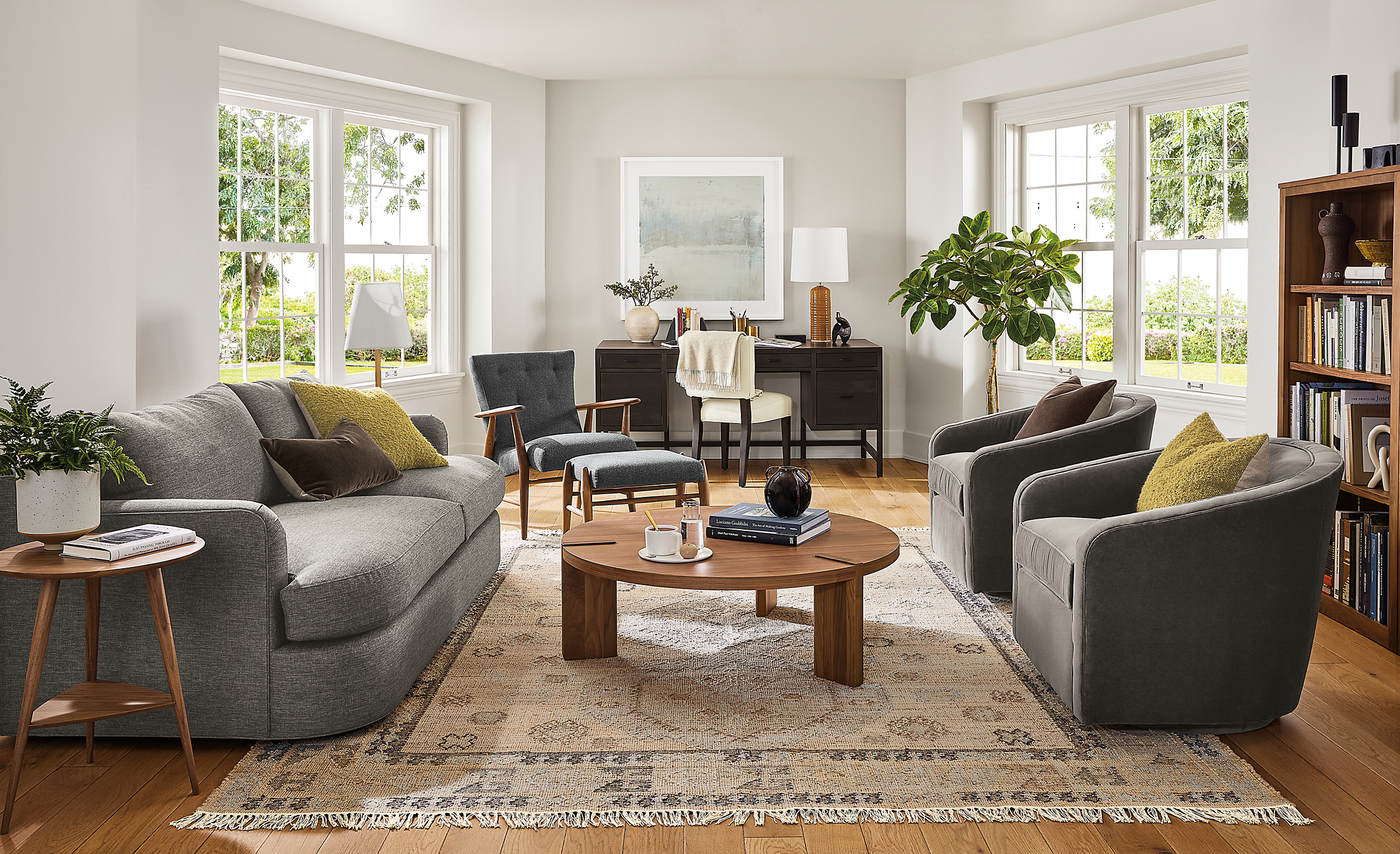Living room with Sonja sofa, Amos chairs, Hanover coffee table, Villa rug.