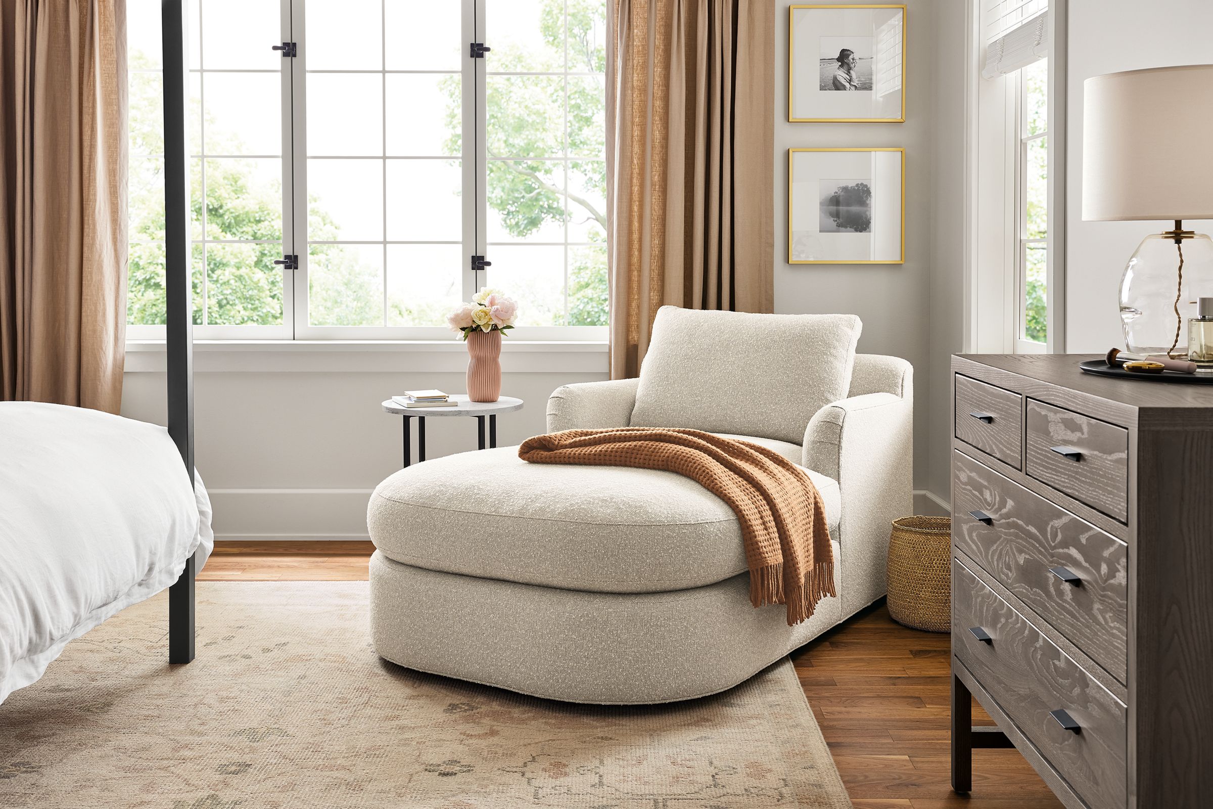 bedroom with Sonja Chaise in Conley Natural fabric and homage throw blanket.