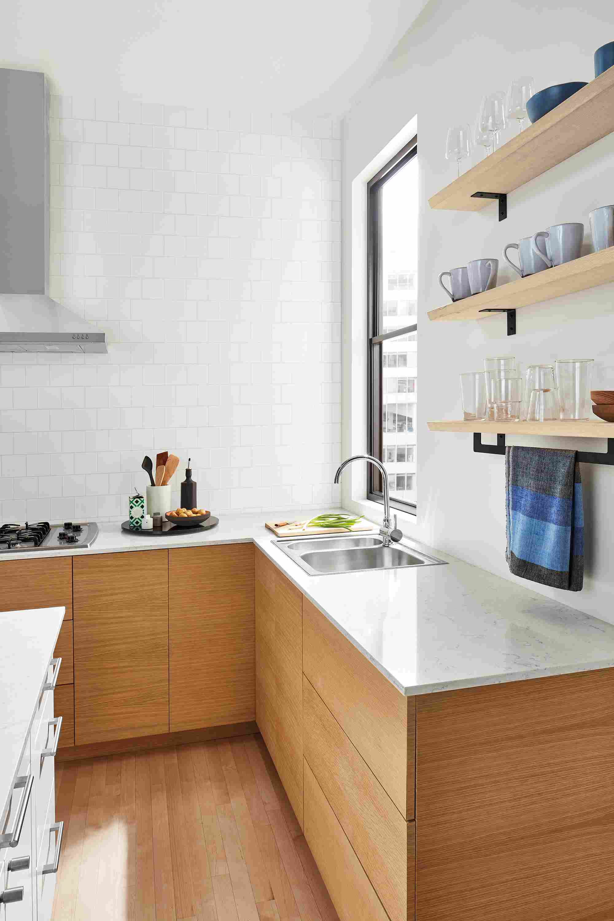 Modern kitchen with Stanley shelves, Afar tea towel and Nadia glasses.