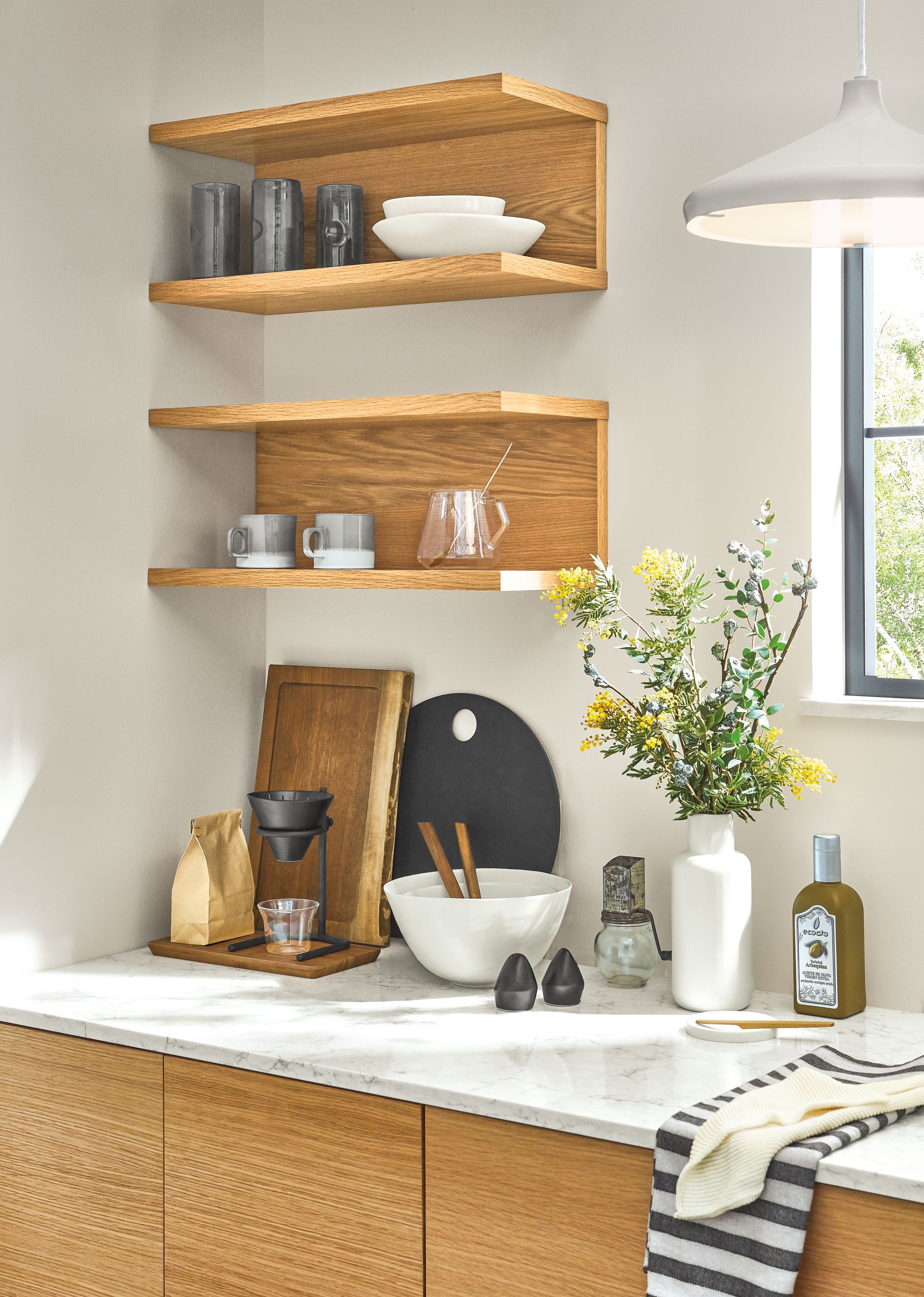 Detail of Staten white oak wall shelves.