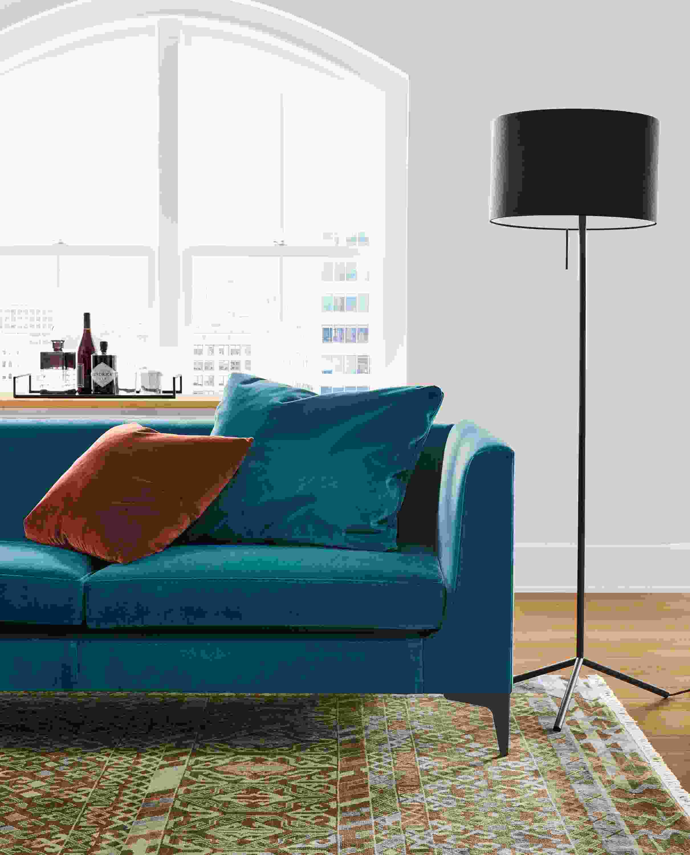Detail of Sterling three-piece sectional in vance peacock fabric.
