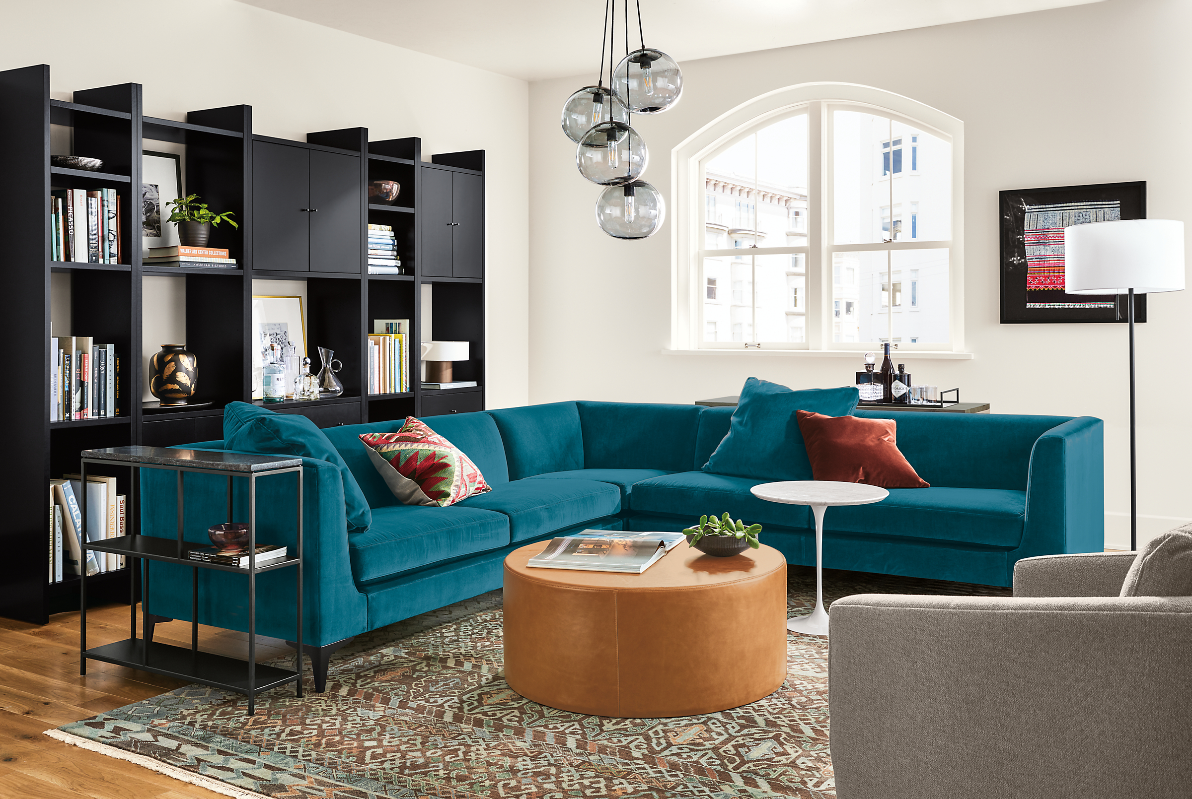 Wide view of Sterling three-piece sectional in vance peacock fabric.