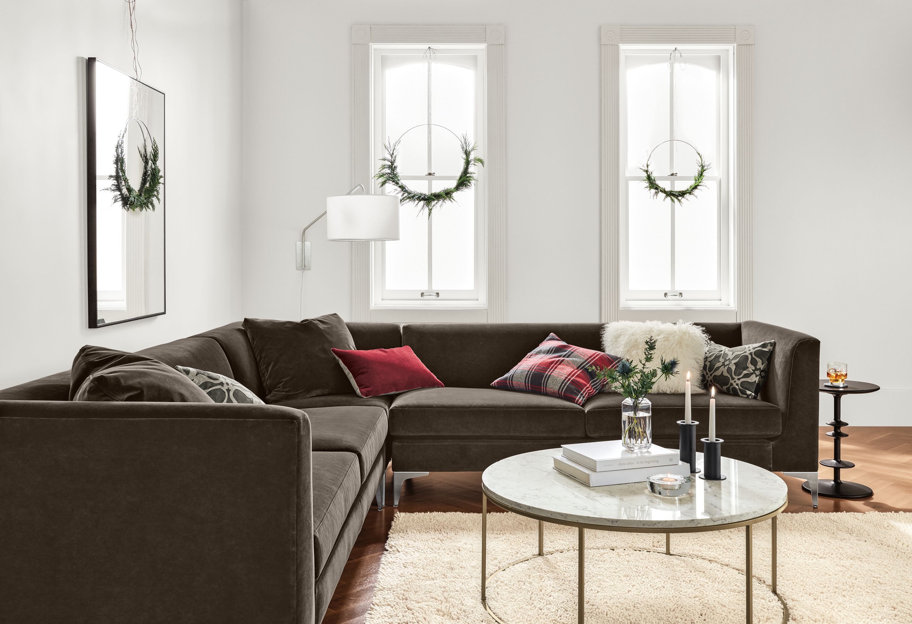 Detail of large sterling sectional in banks mink fabric.