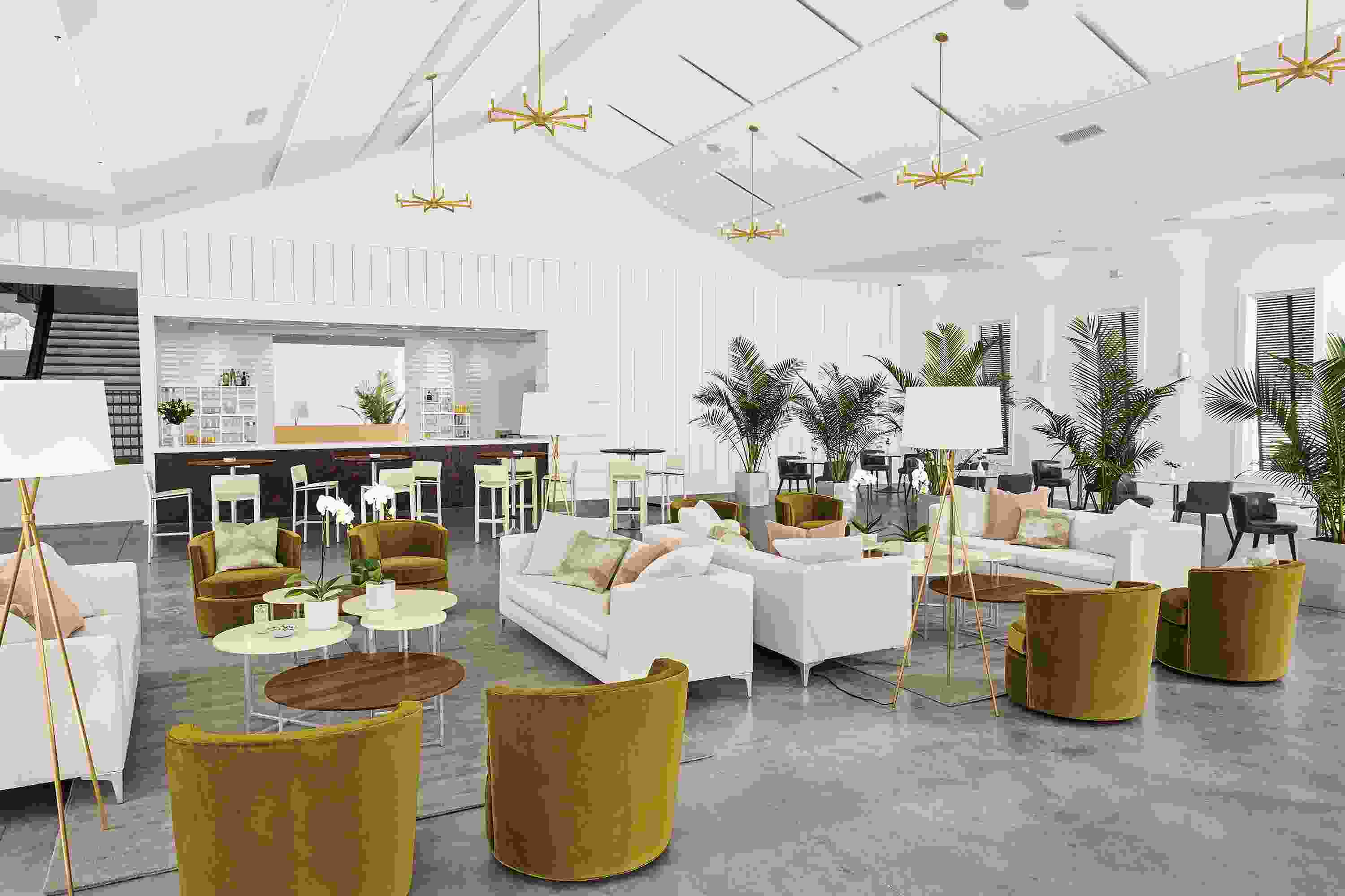 Detail of Sterling sofas (4) in Arin ivory fabric and Otis swivel chairs (8) in Vance mustard fabric in cafe setting.