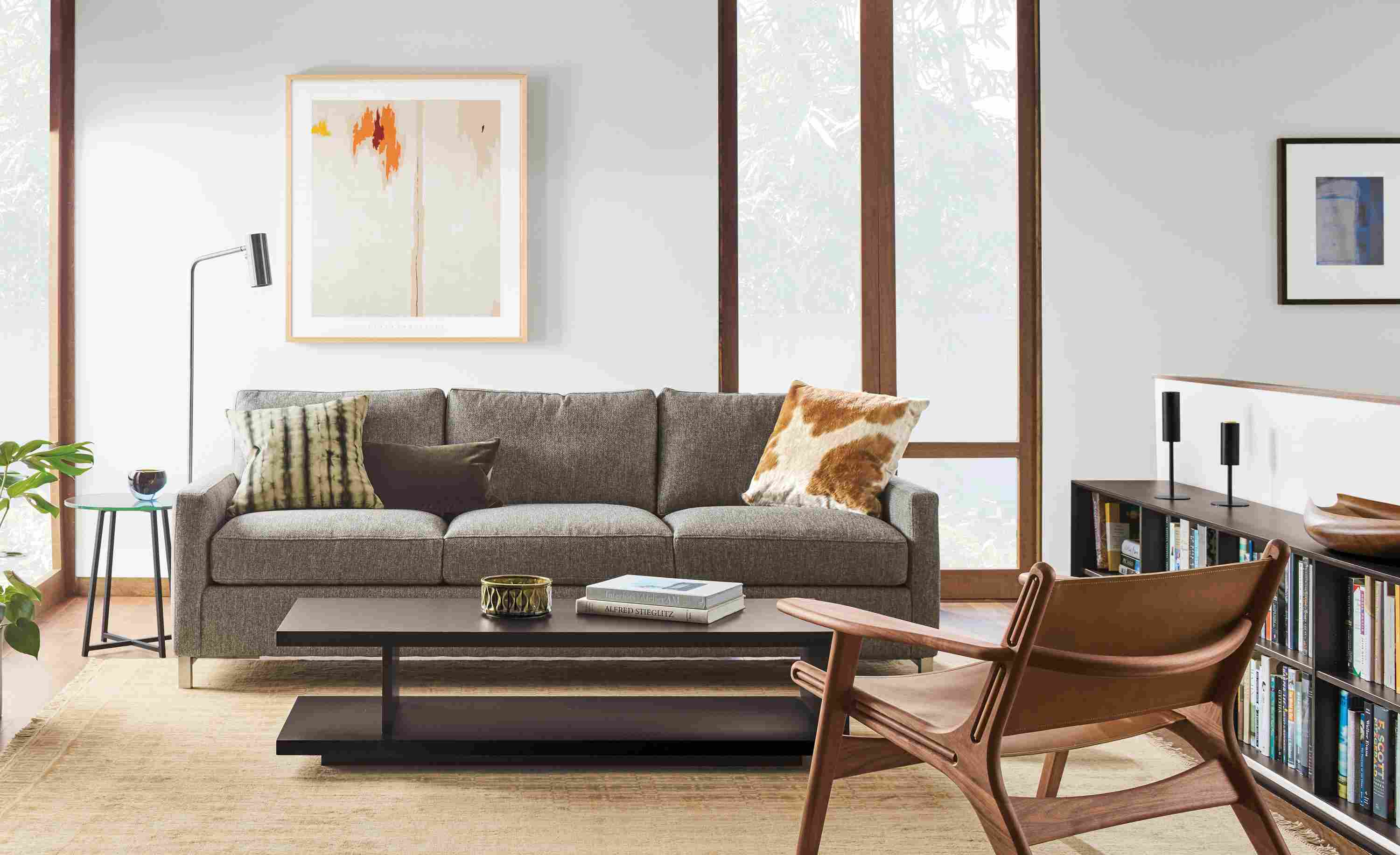 Detail of Stevens 91 inch sofa in tepic grey fabric.