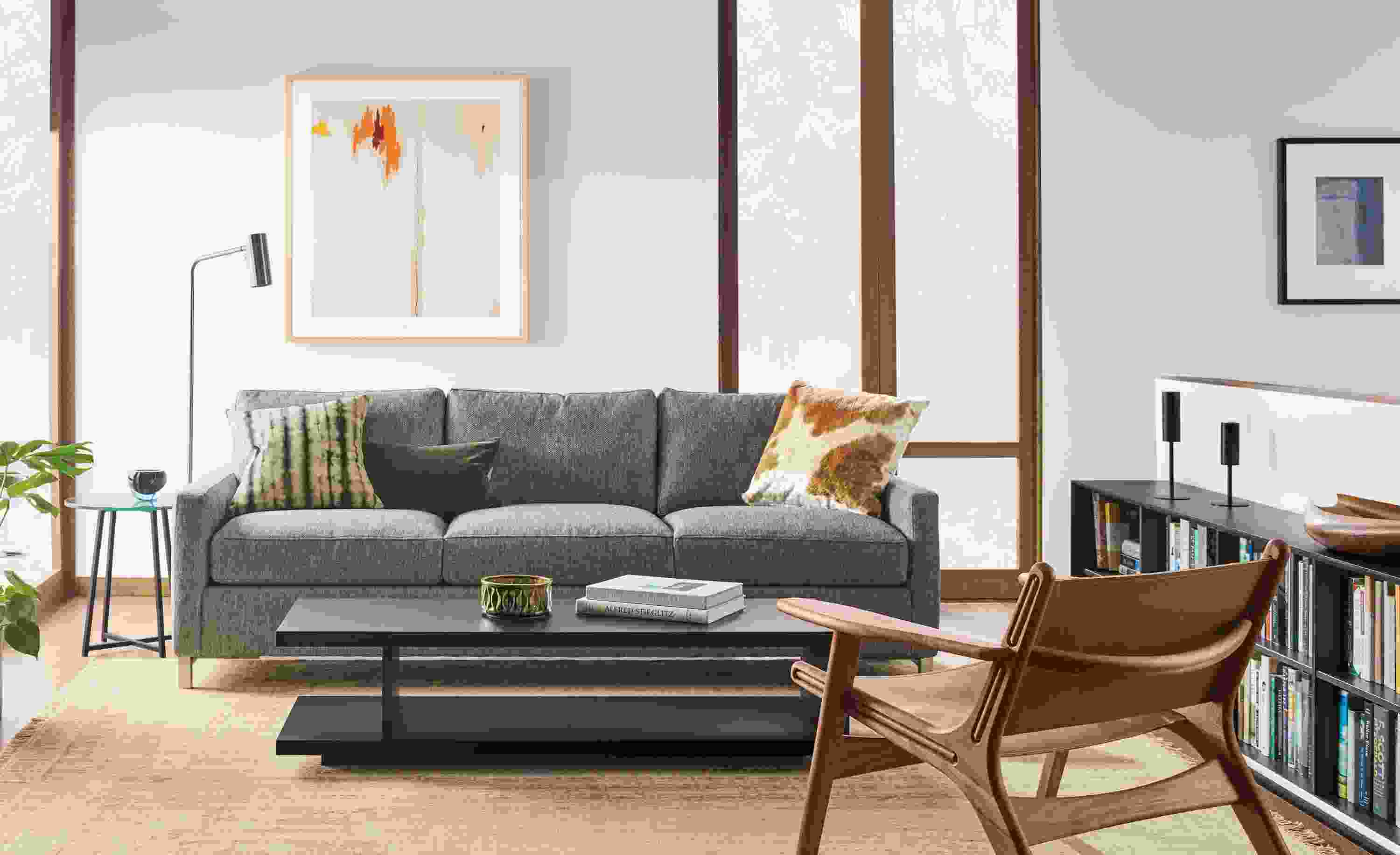 Detail of Stevens 91 inch sofa in tepic grey fabric.