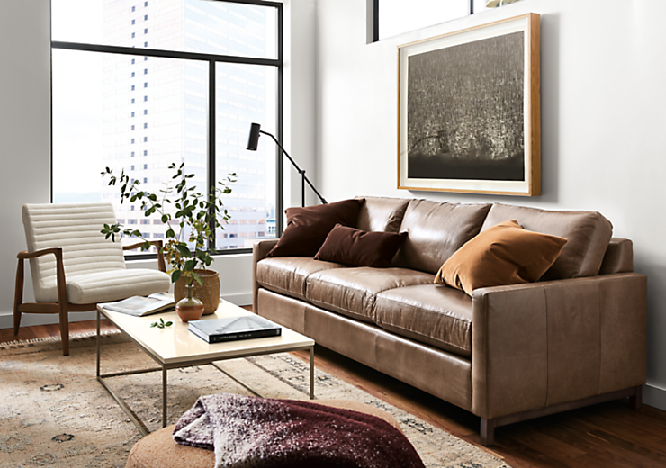 room with stevens sofa in vento leather, callan chair and asher ottoman.