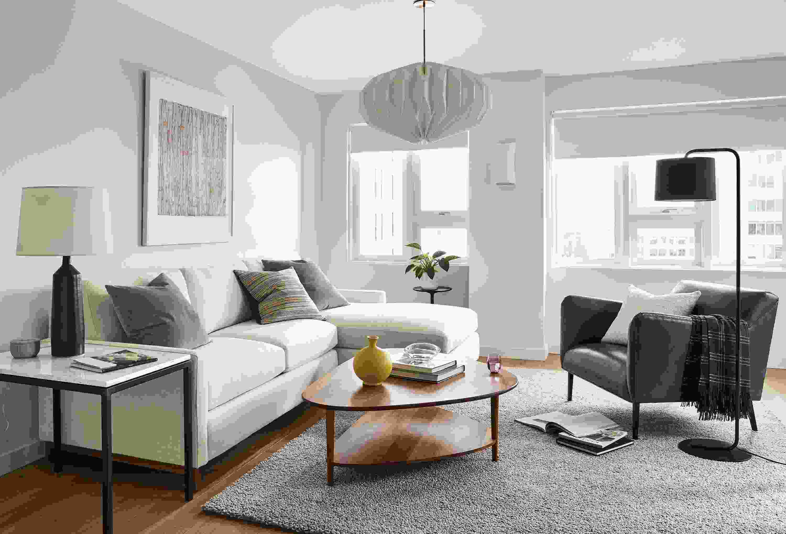 room with 106-wide stevens sofa in sumner fabric, matteo chair and gibson coffee table.