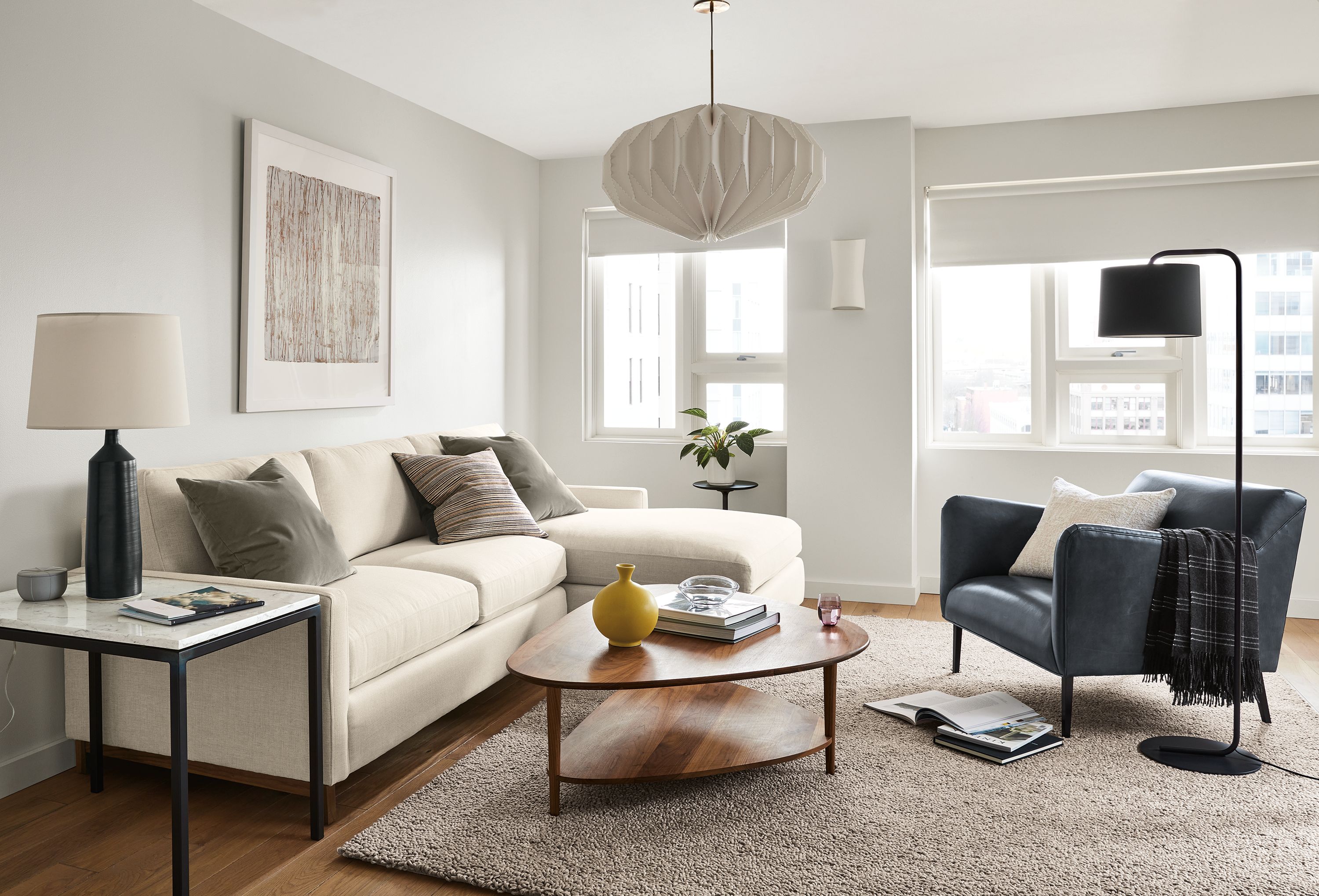 room with 106-wide stevens sofa in sumner fabric, matteo chair and gibson coffee table.