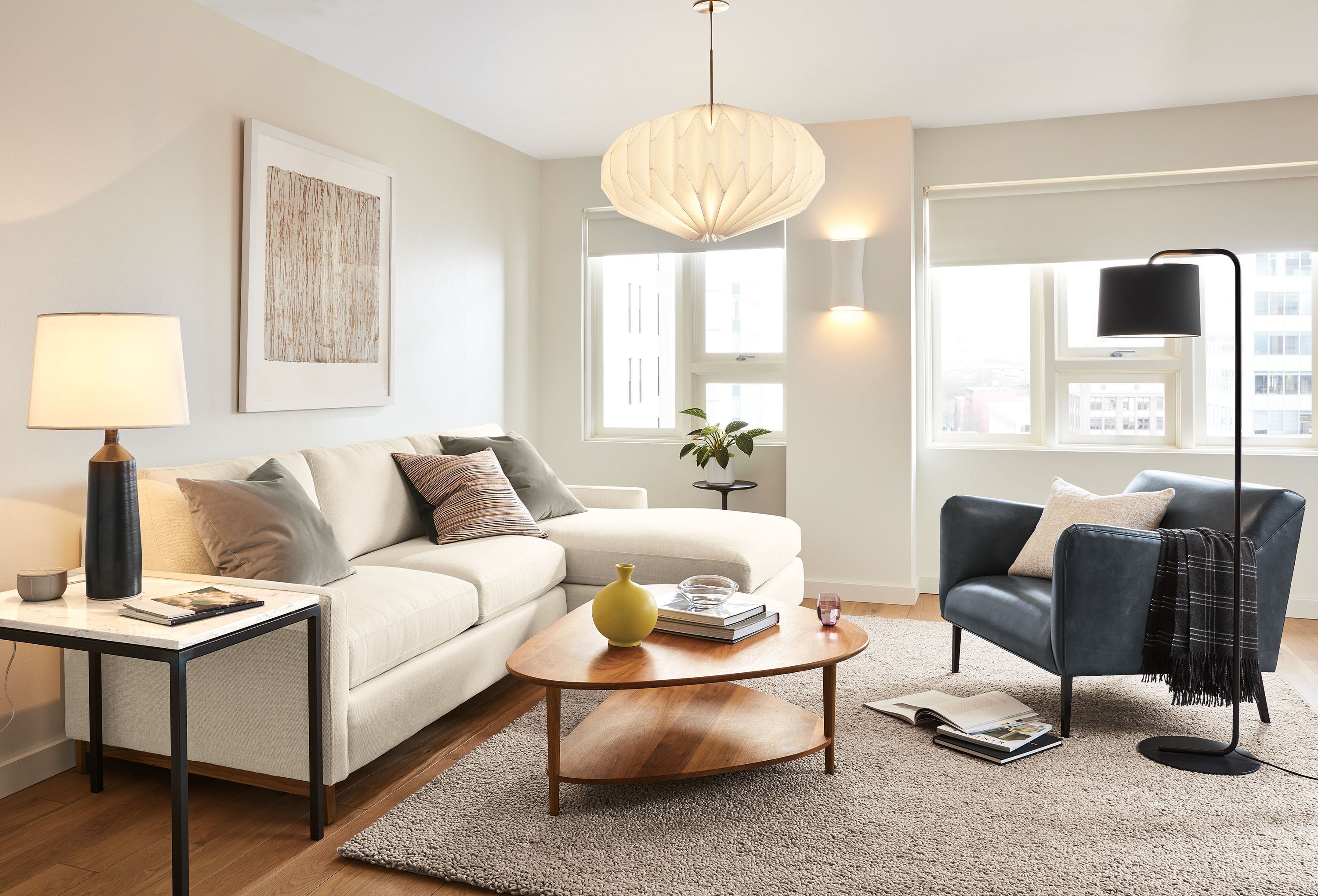 room with 106-wide stevens sofa in sumner fabric, matteo chair and gibson coffee table.