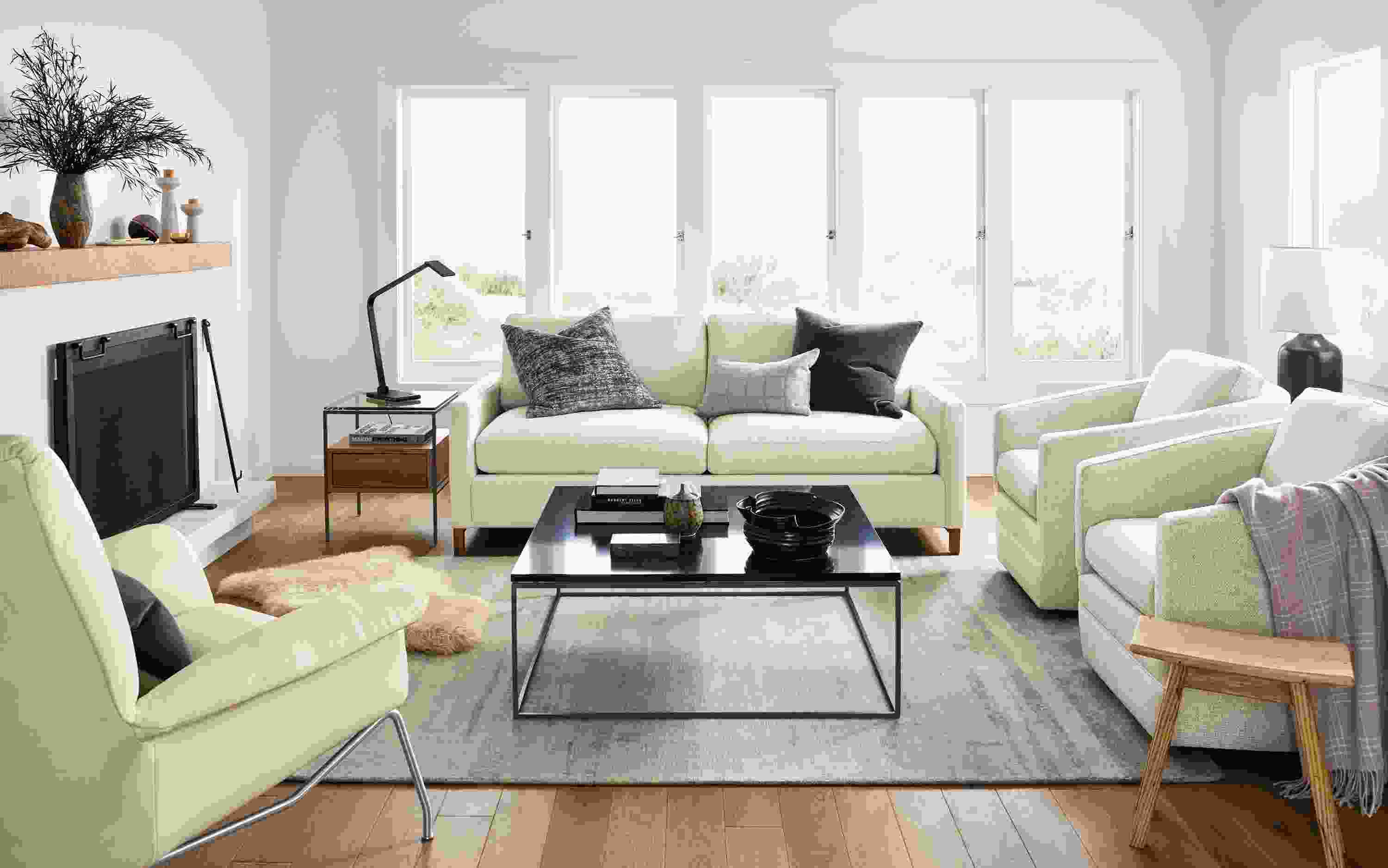 room with 81-wide sofa in sumner fabric, paris chair and ford swivel chair.
