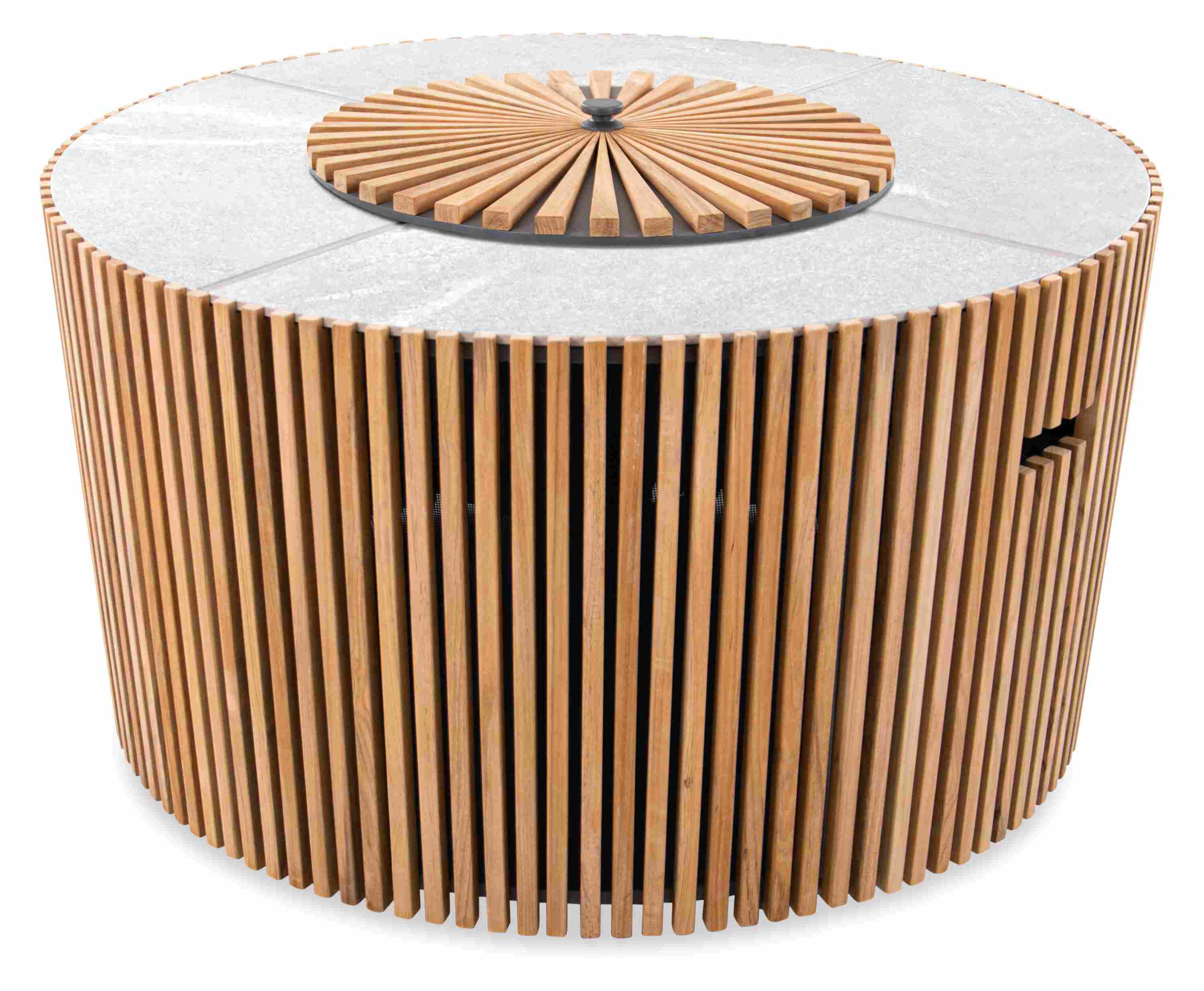 Sumba 40-inch diameter outdoor propane fire table in teak hardwood with winter white ceramic top and cover.