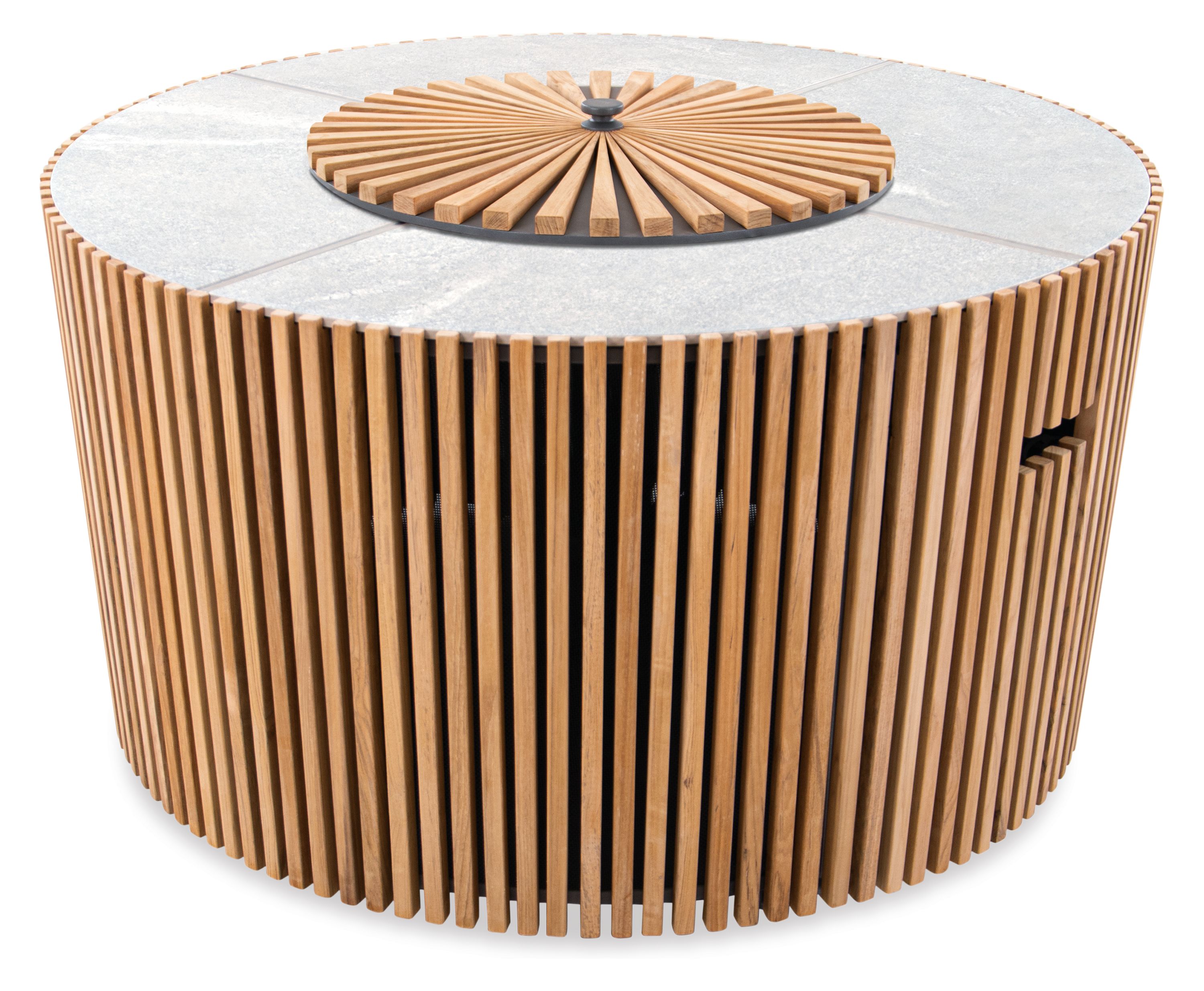 Sumba 40-inch diameter outdoor propane fire table in teak hardwood with winter white ceramic top and cover.