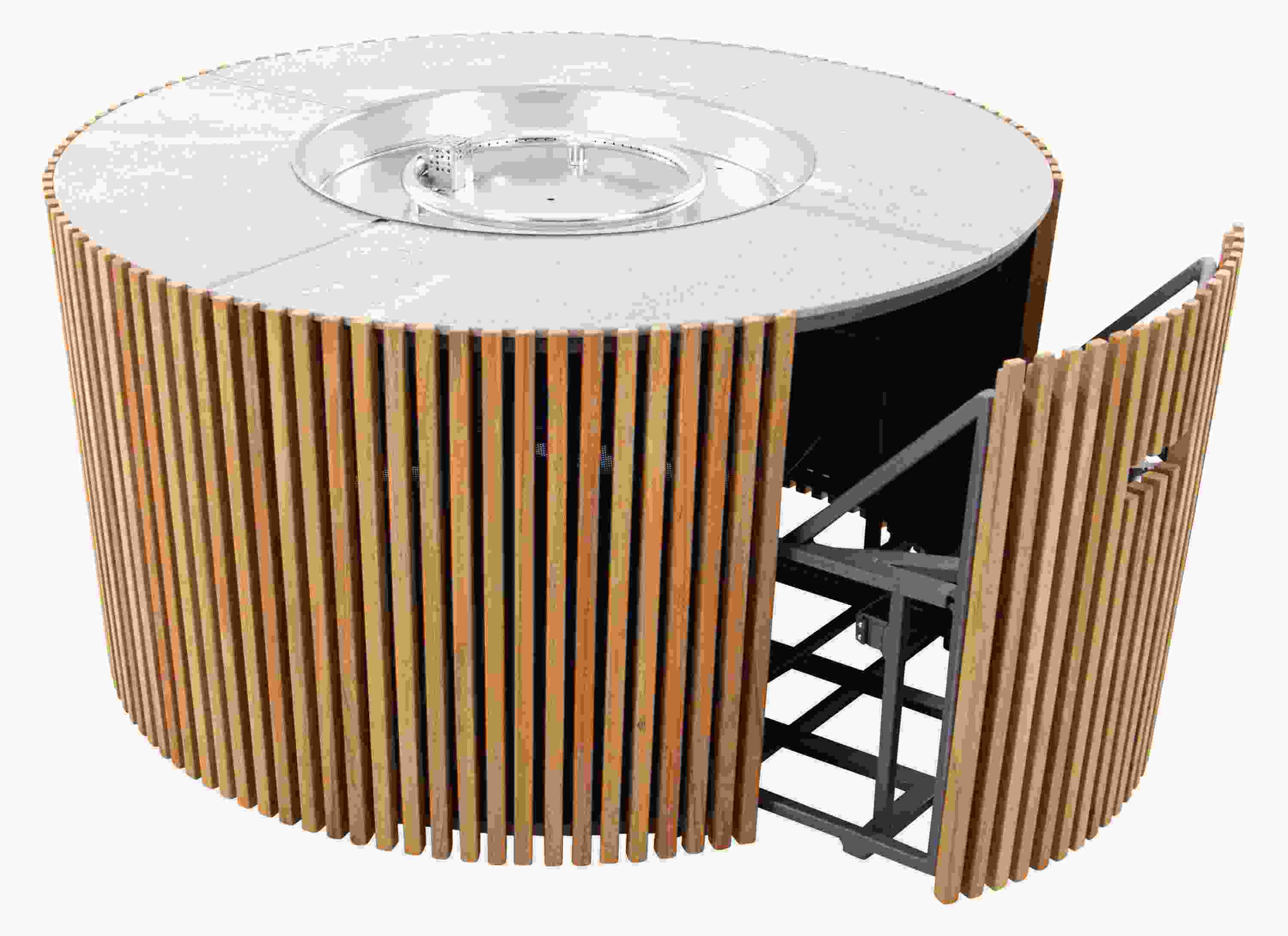 Sumba 40-diameter outdoor propane fire table in teak with winter white ceramic top shown with access door open.