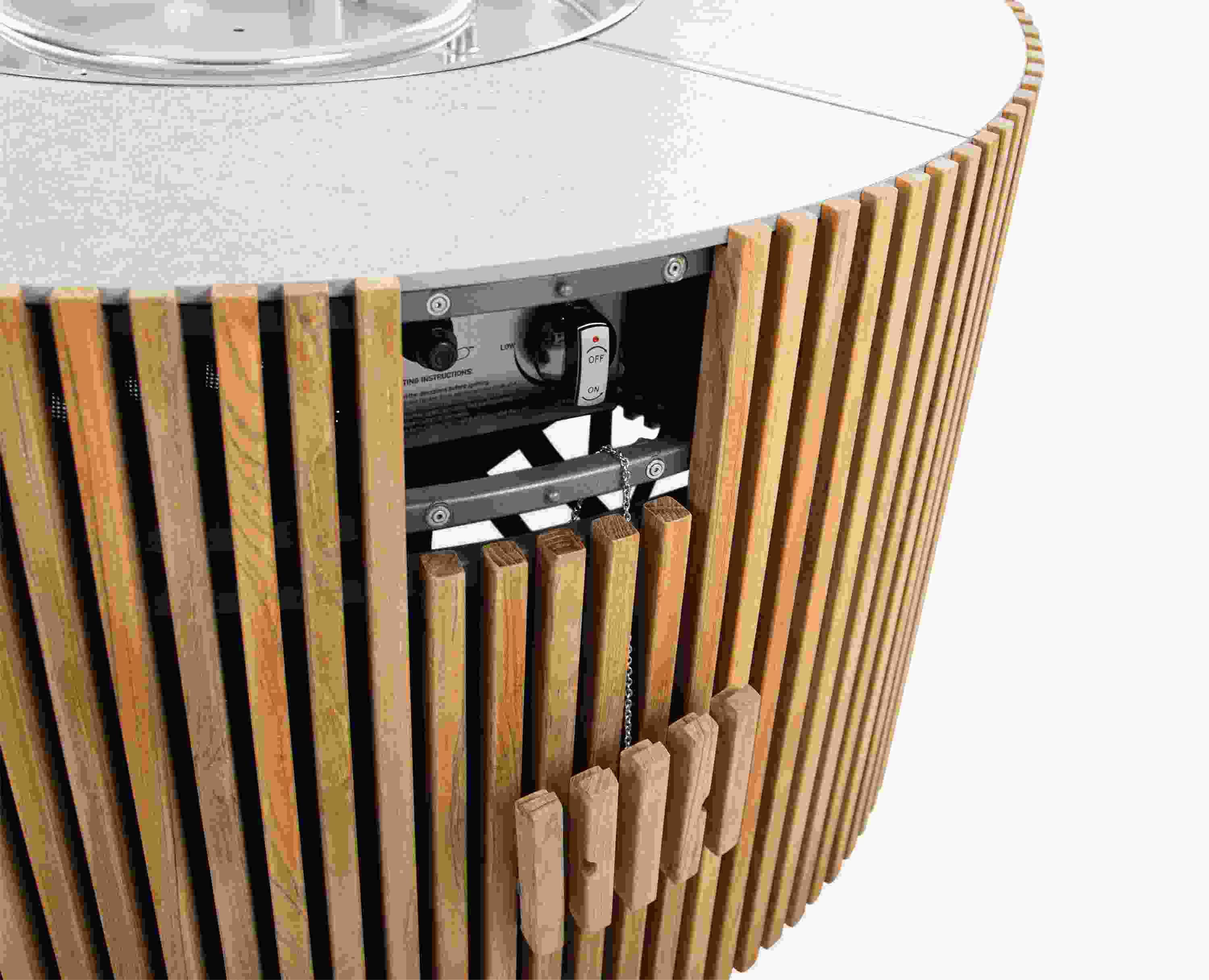 Detail of Sumba 40-diameter outdoor propane fire table in teak shown with knob access panel open.