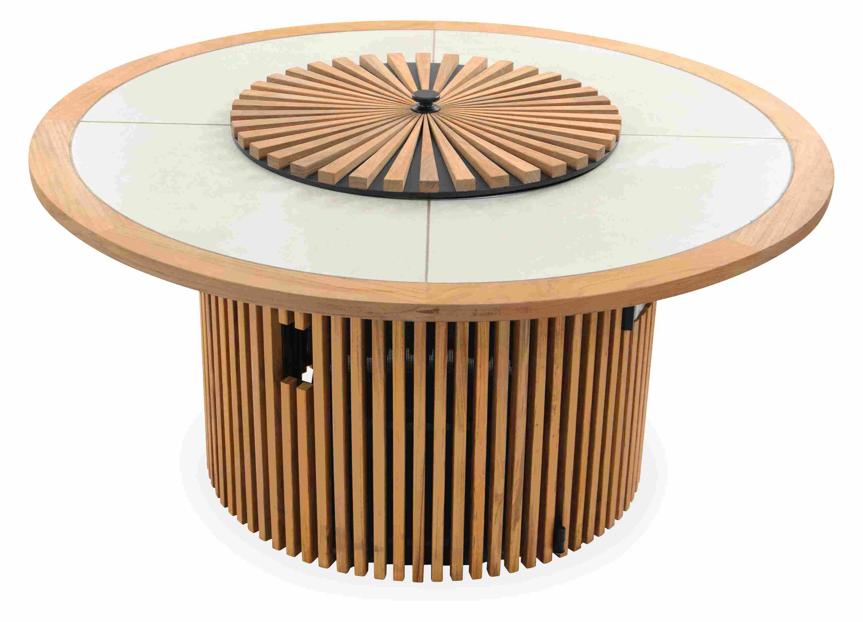 Sumba 44-diameter outdoor propane fire table in teak heartwood and with winter white ceramic top and cover.