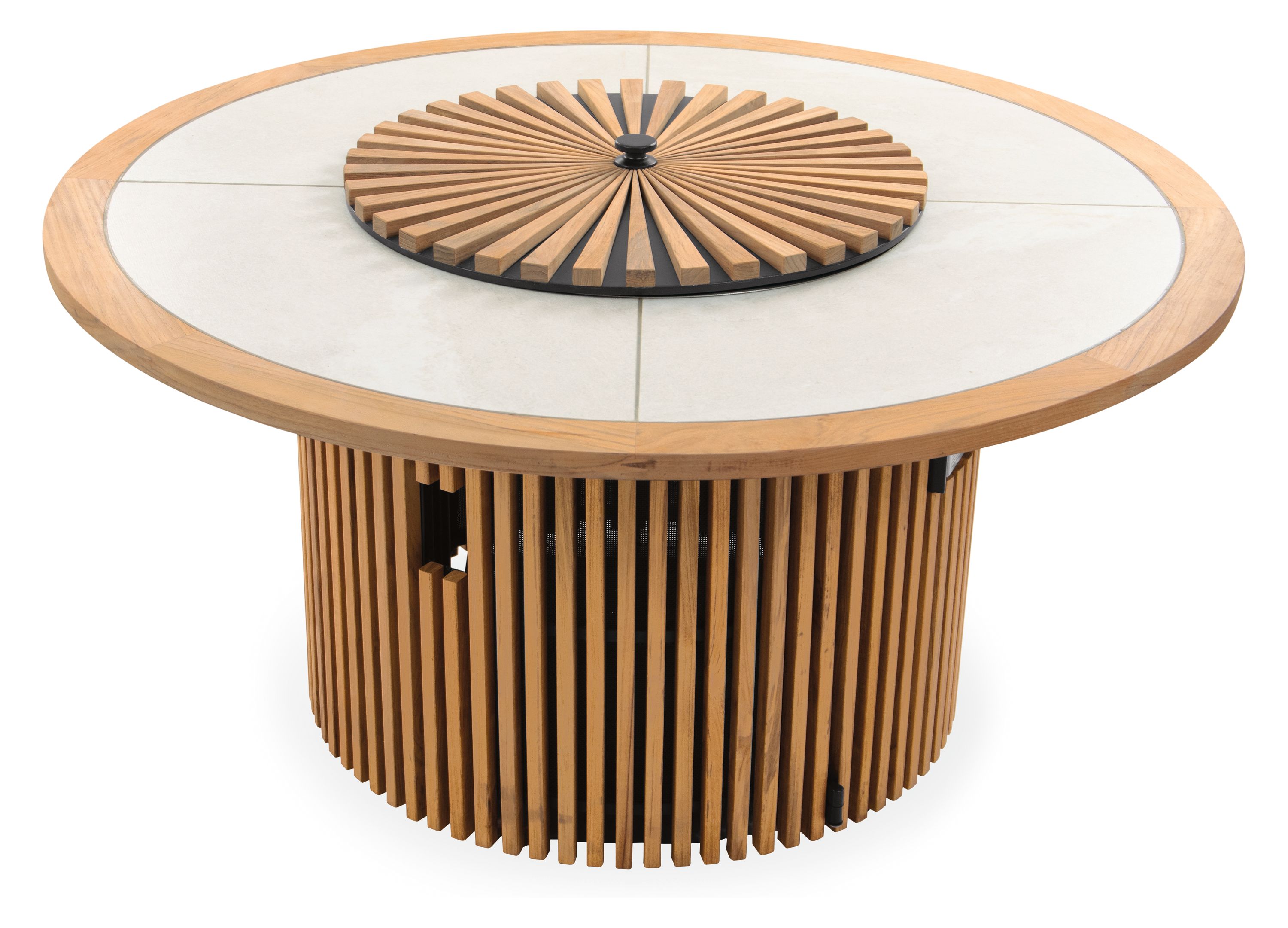 Sumba 44-diameter outdoor propane fire table in teak heartwood and with winter white ceramic top and cover.