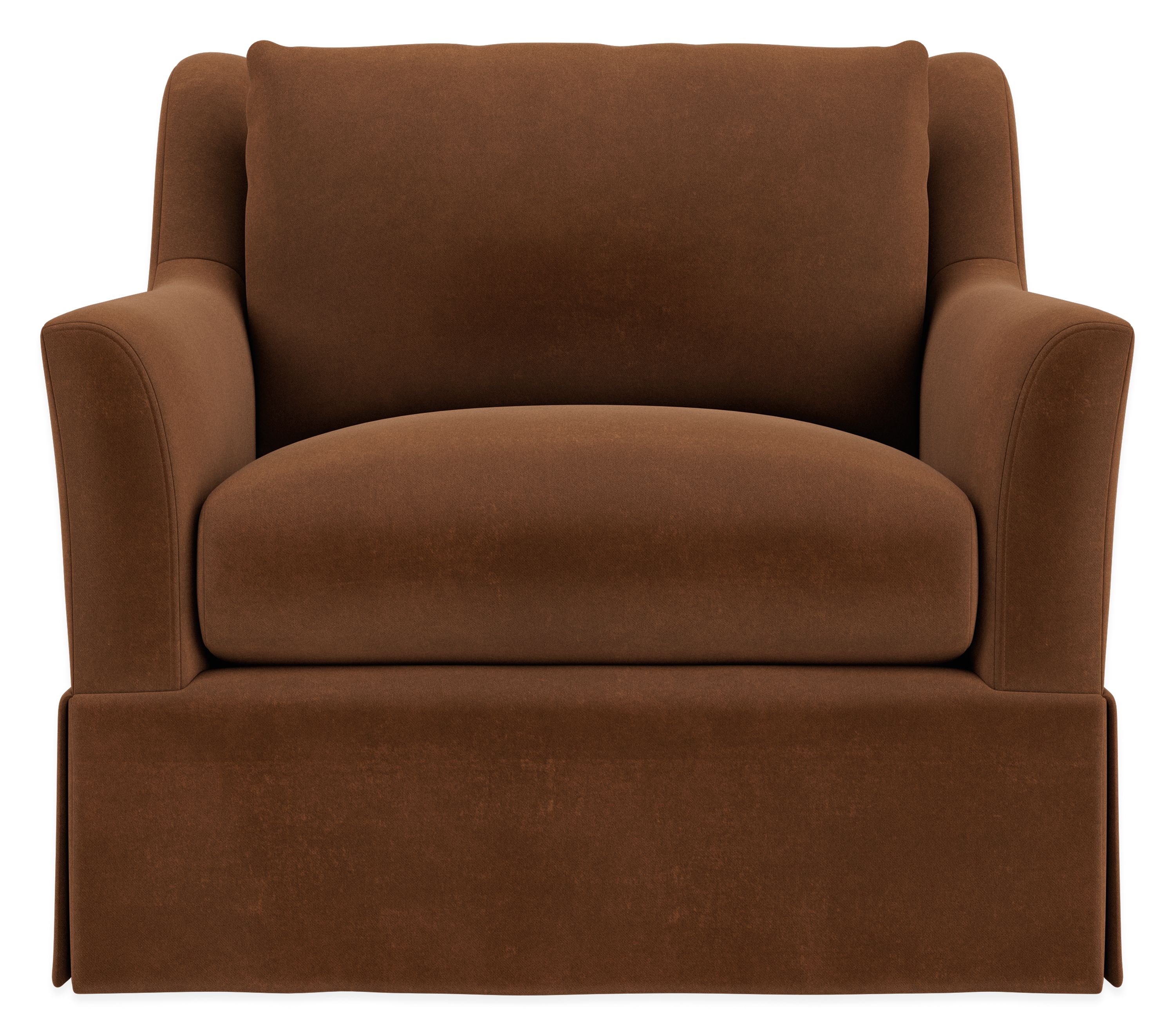 Front view of Sybil Skirted Chair in Redding Nutmeg Fabric.