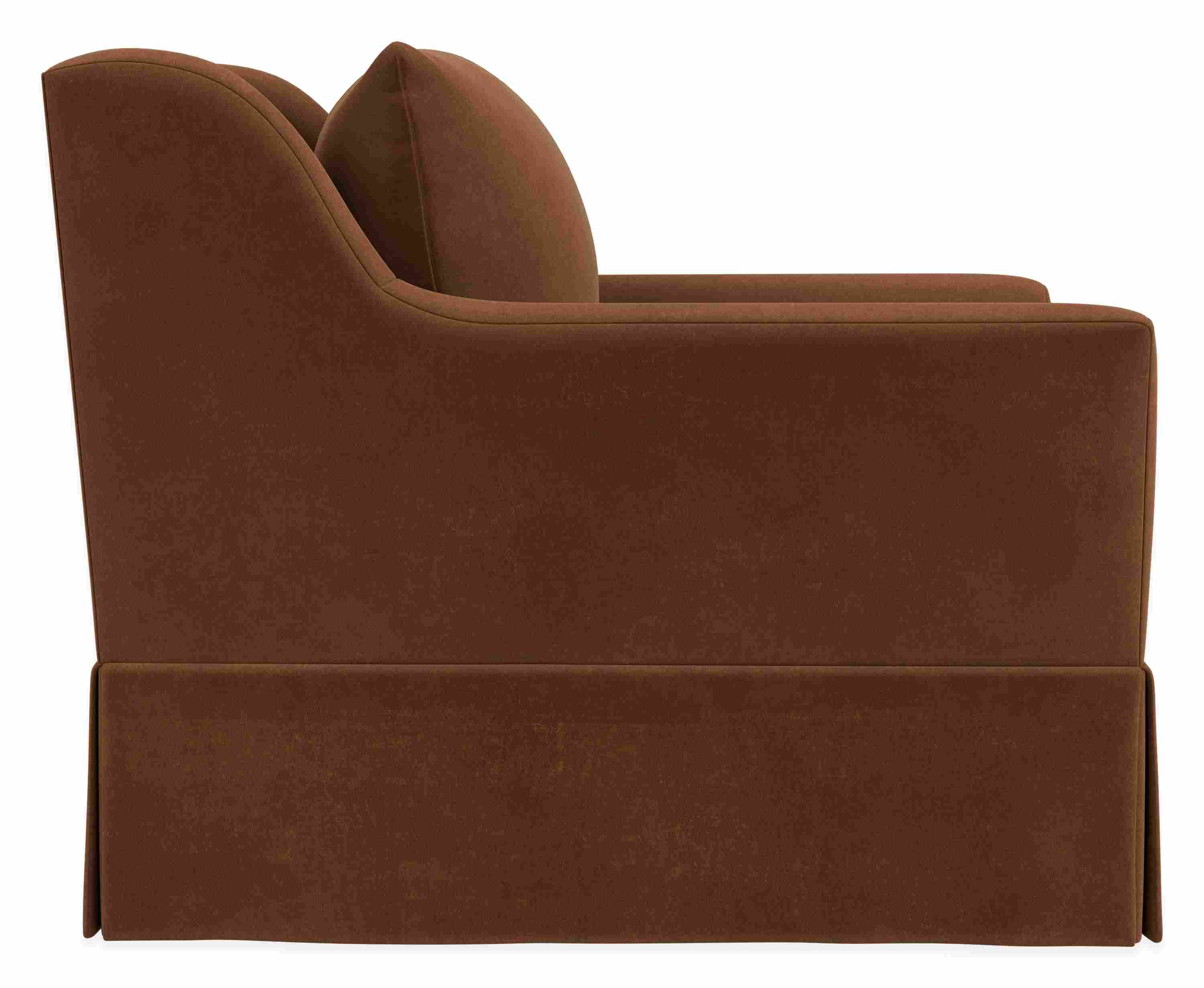 Side view of Sybil Skirted Chair in Redding Nutmeg Fabric.