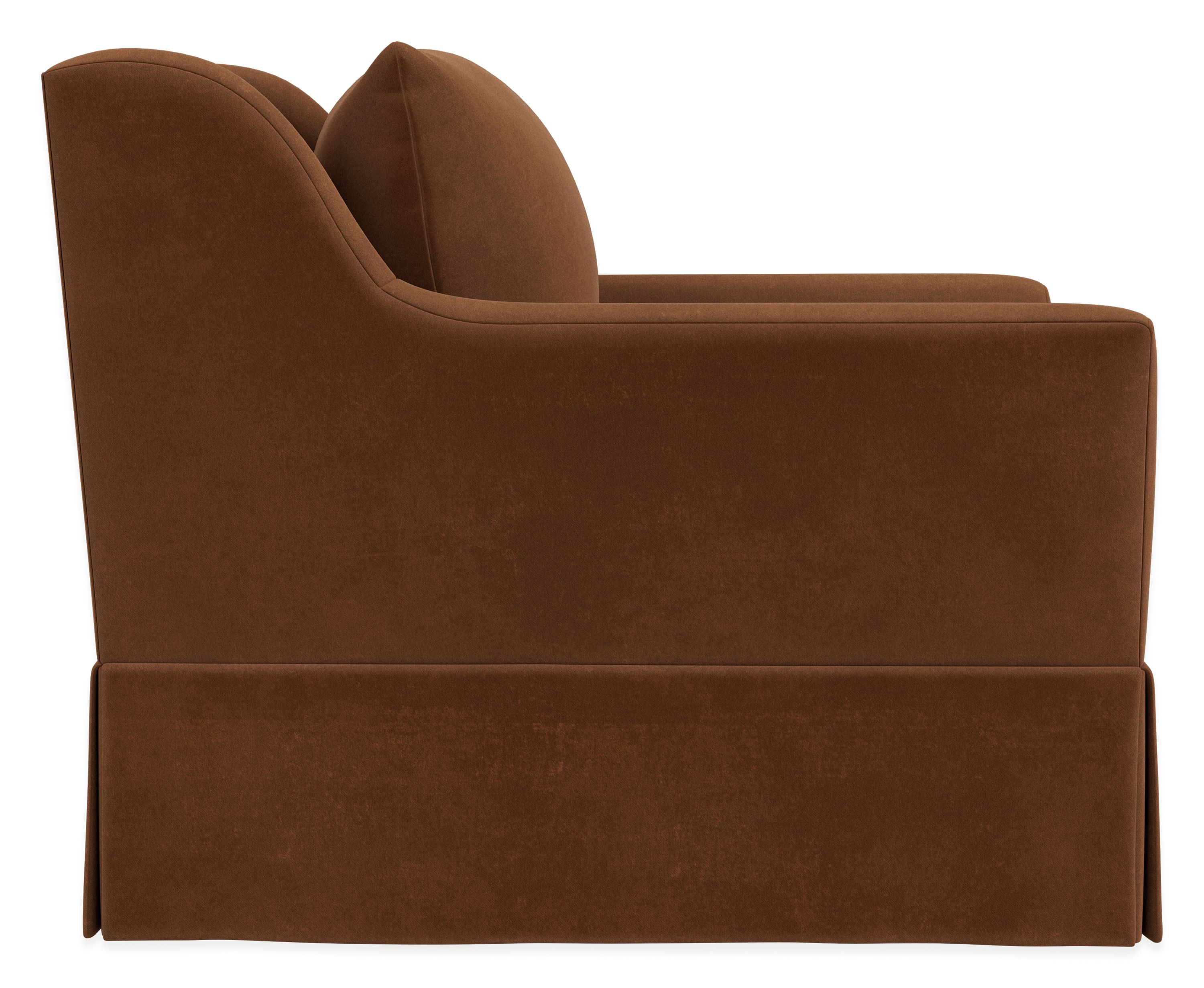 Side view of Sybil Skirted Chair in Redding Nutmeg Fabric.