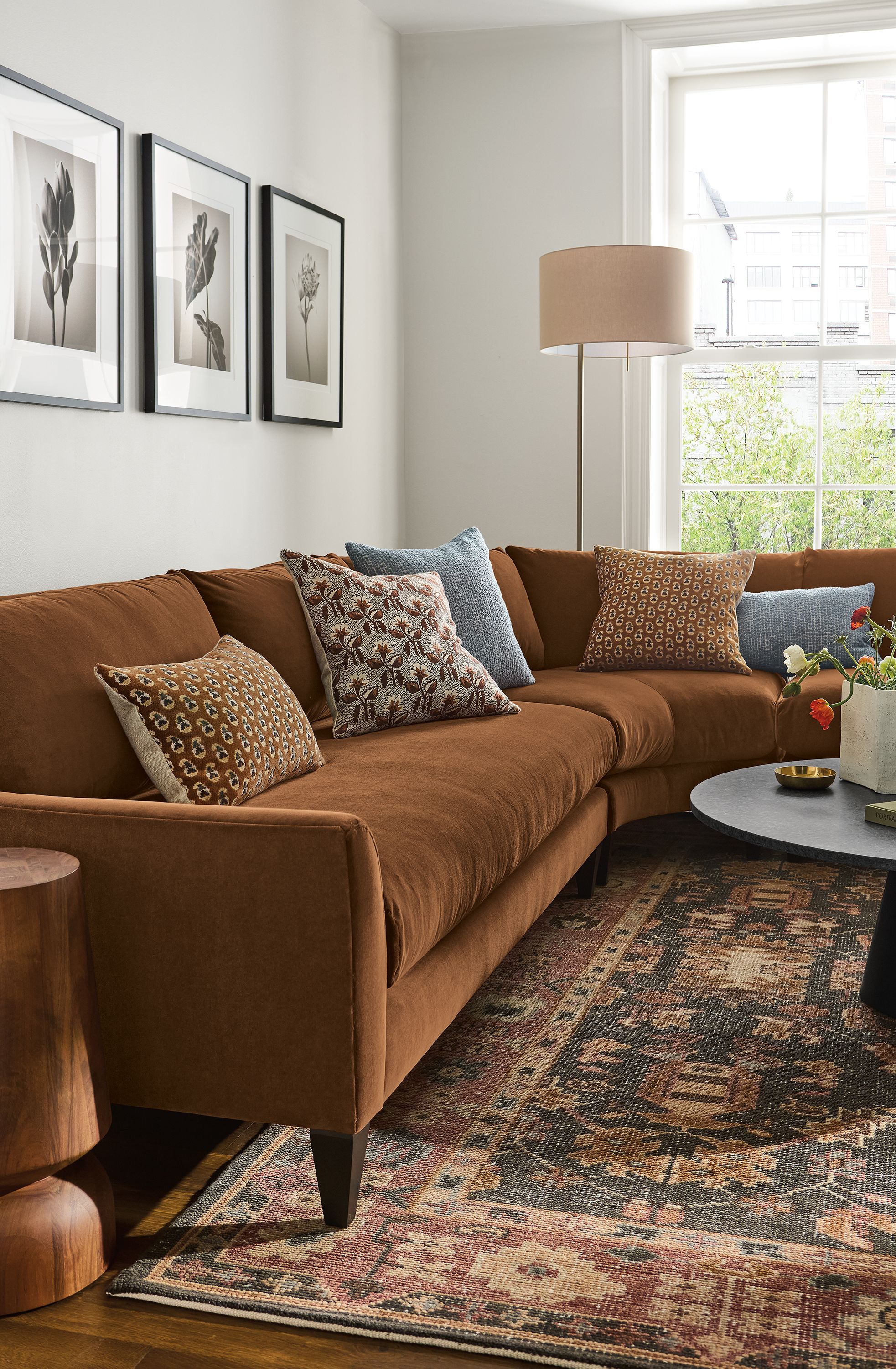 Living room with detail of Sybil 3-piece curved sectional in redding nutmeg, Nyla stool in solid Tzalam and Tillia rug in brick.