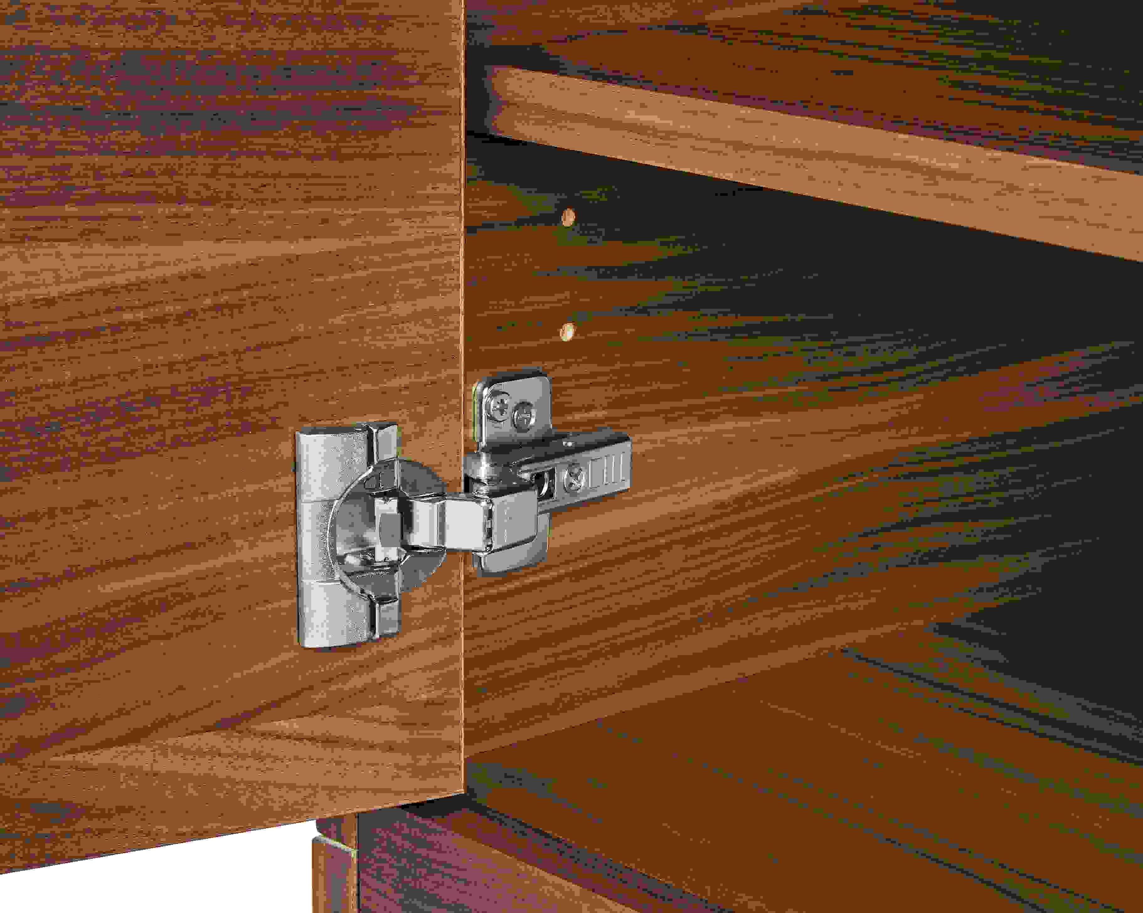 close-up of taylor storage cabinet door hinge.