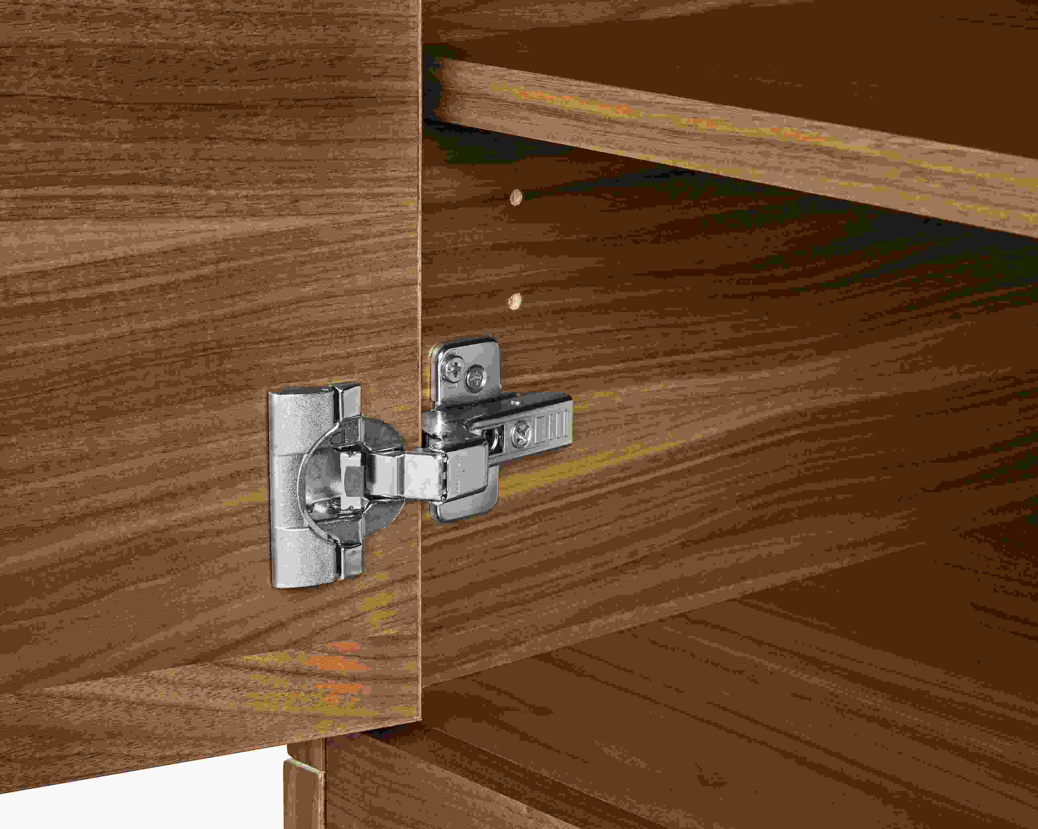 close-up of taylor storage cabinet door hinge.
