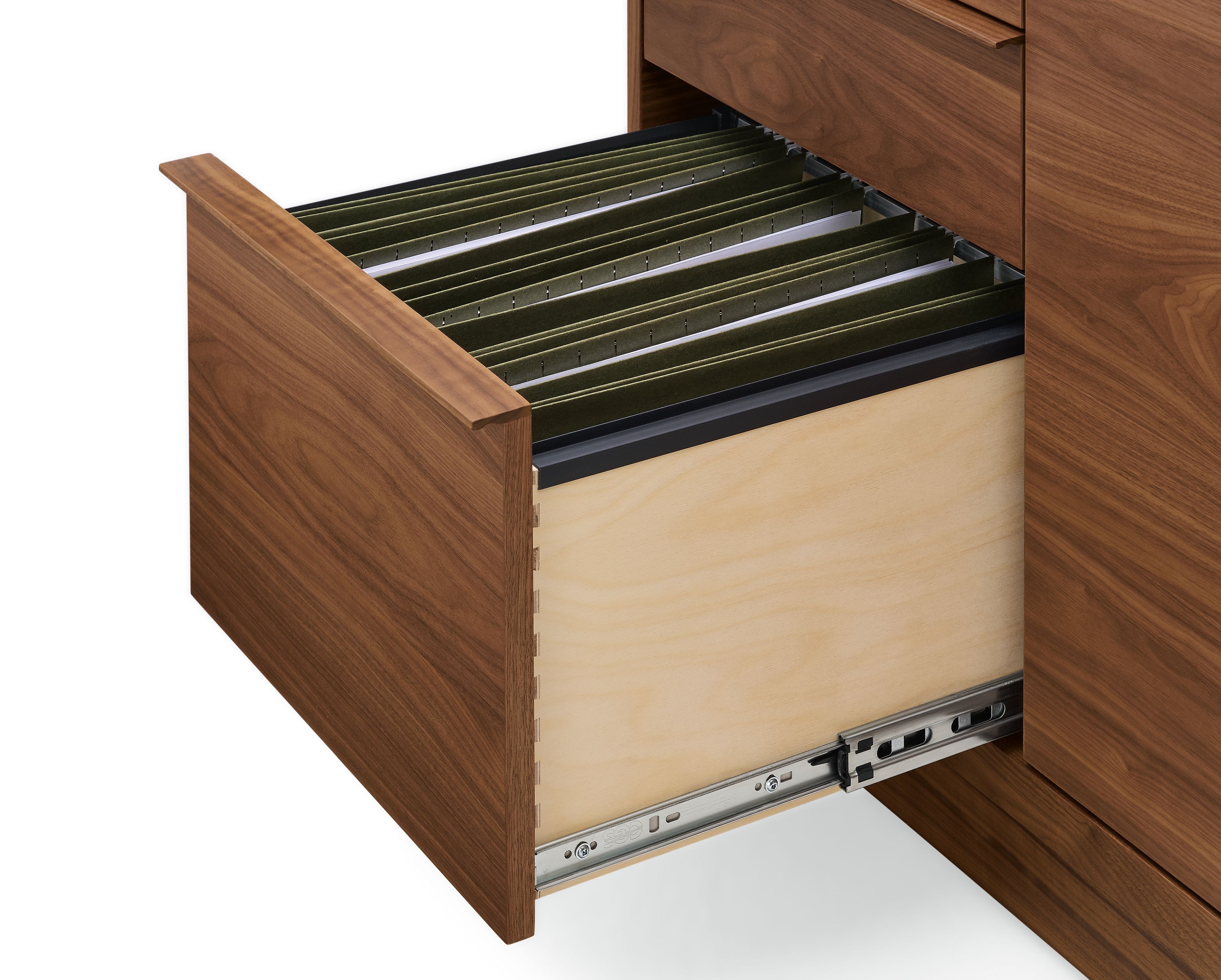 Detail of open drawer with legal size file folders on a Taylor 36-wide office armoire in walnut.