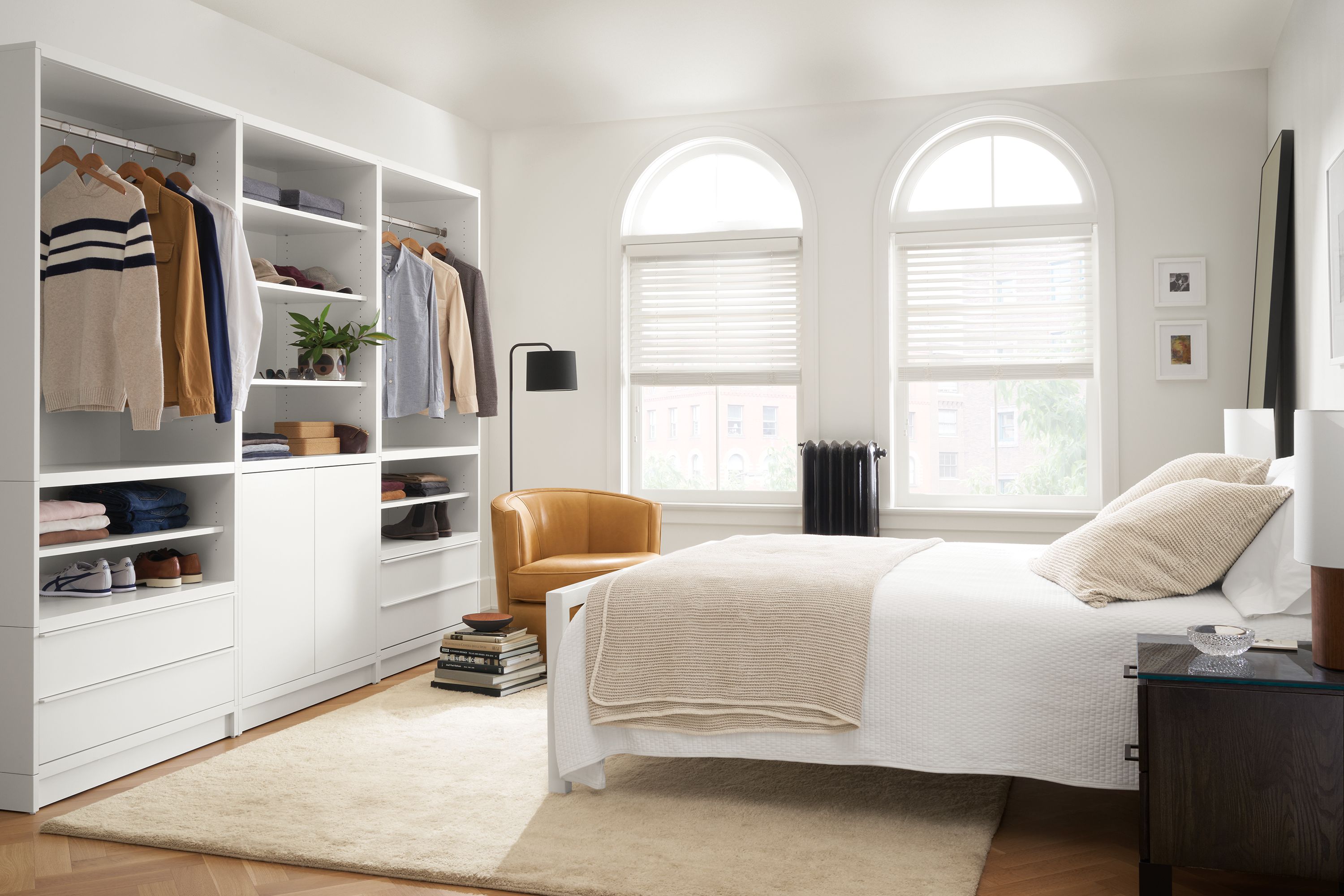 108w 20d 84.75h unit in white: 36w 48h open with clothing bar, 36w 16h open with shelves, 36w 16h two-drawers (left & right units); 36w 48h open with shelves, 36w 32h double-door (center unit)