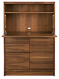 front view of taylor 36-wide storage cabinet desk in walnut with drop-down surface open.