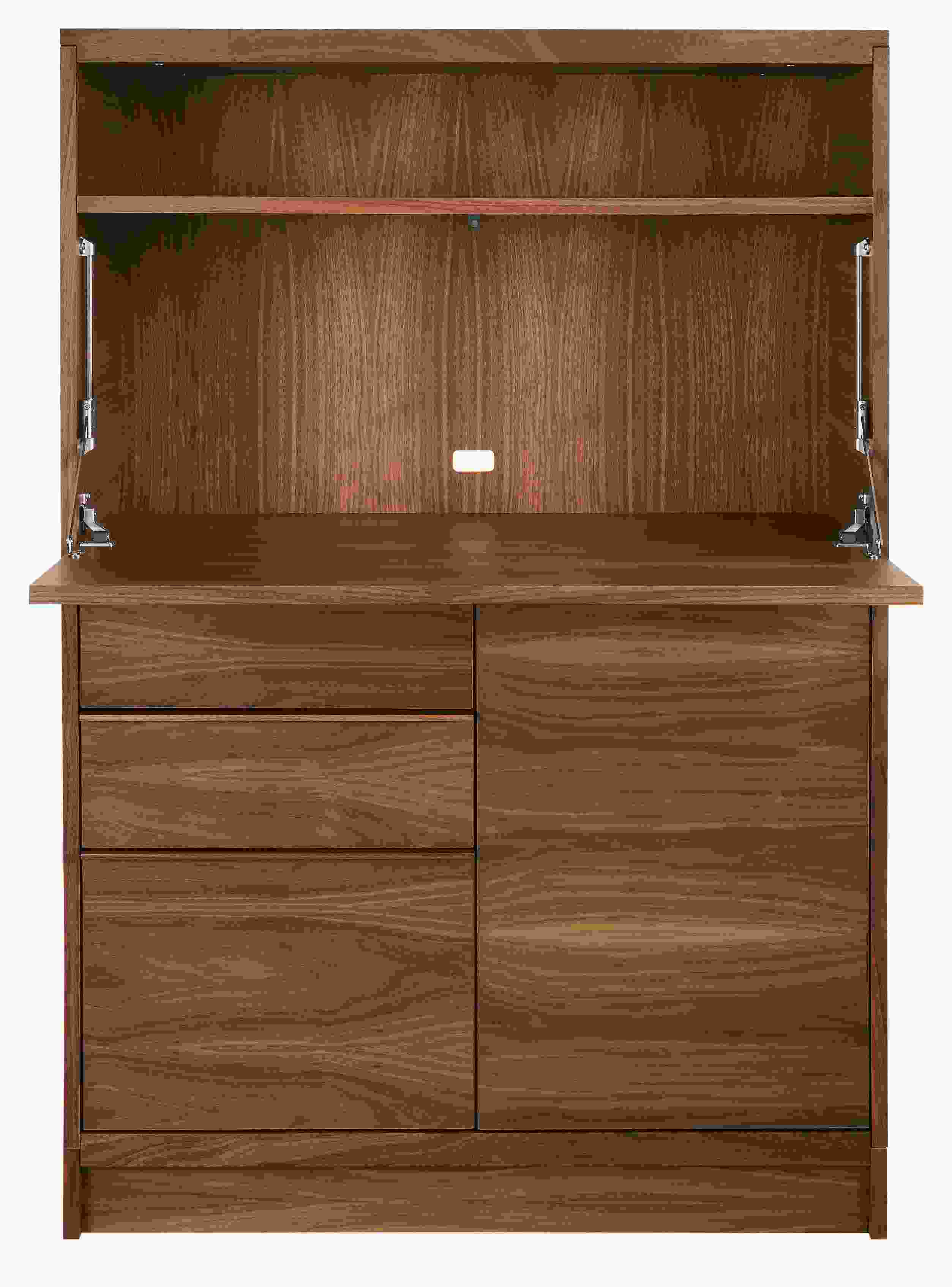 front view of taylor 36-wide storage cabinet desk in walnut with drop-down surface open.