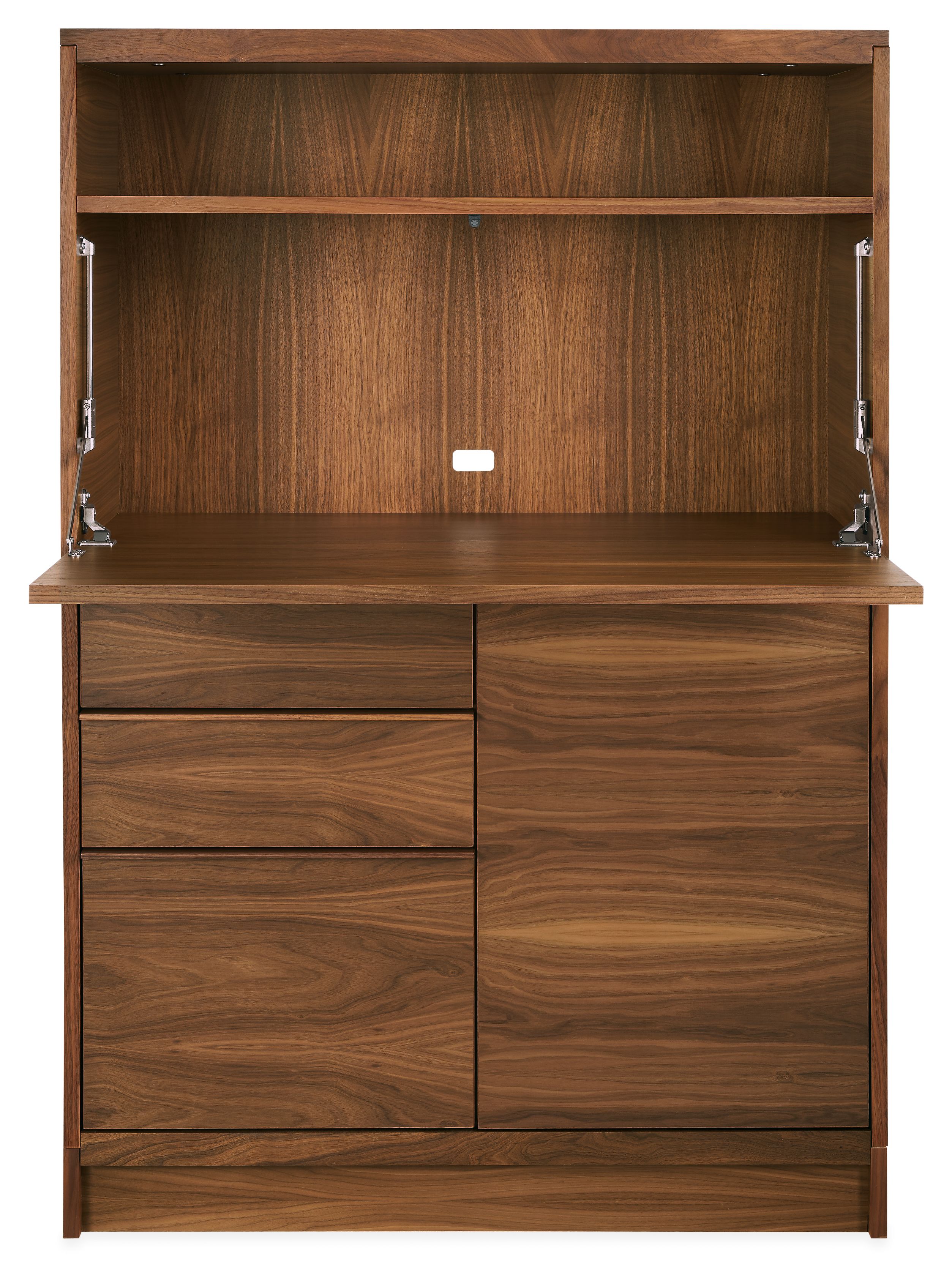 front view of taylor 36-wide storage cabinet desk in walnut with drop-down surface open.