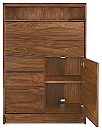 front view of taylor 36-wide storage cabinet desk in walnut with right door open.