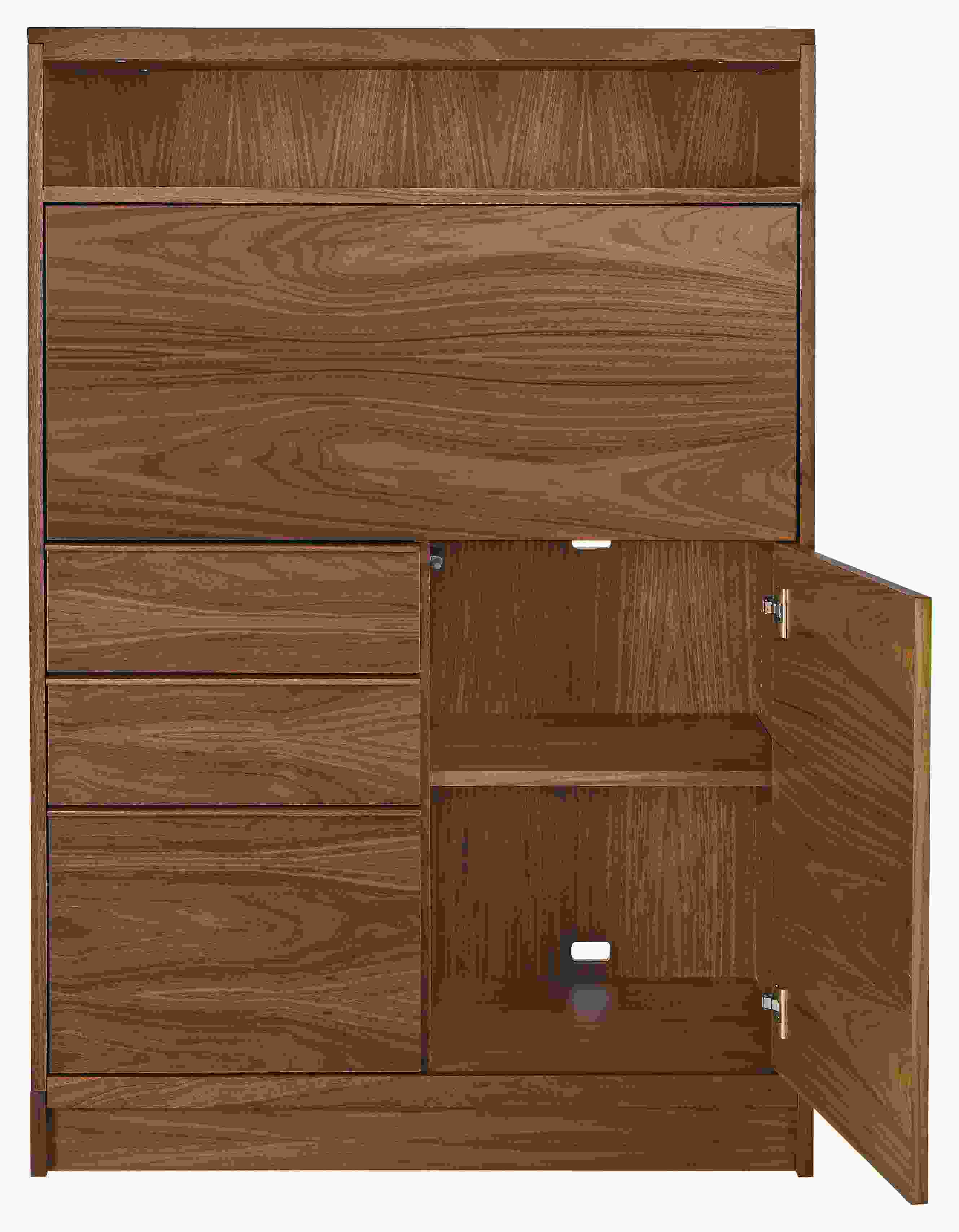 front view of taylor 36-wide storage cabinet desk in walnut with right door open.